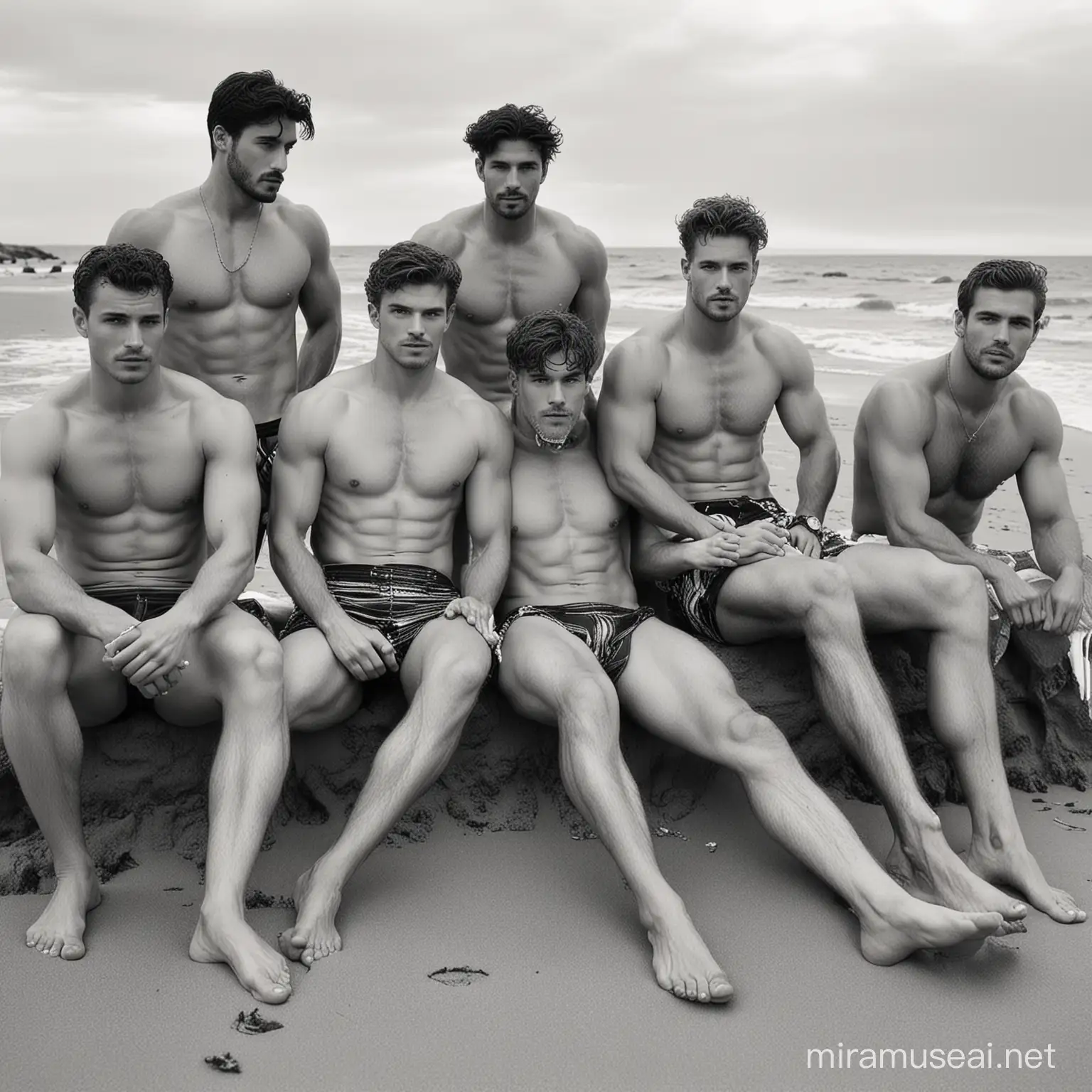 a group of extremely handsome men half naked, hairy, muscular, are resting on a sandy beach. In the style of Bruce Weber, black and white