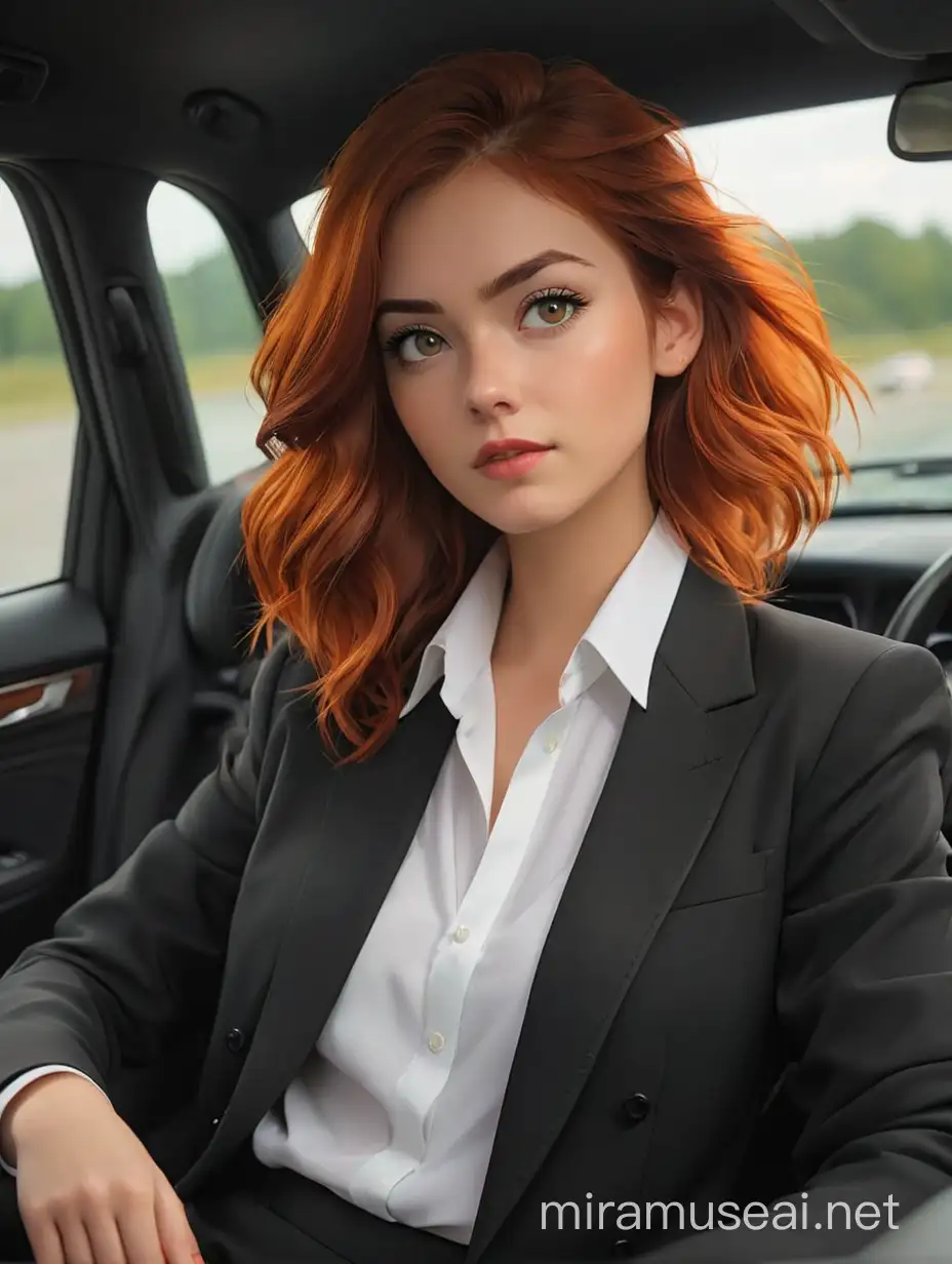Una chica de 25 años con un traje oversize color negro, con Una camisa color blanco, con el cabello naranja oscuro, en la cabina del conductor de un automóvil de marca Mercedez Benz clase A color rojo 