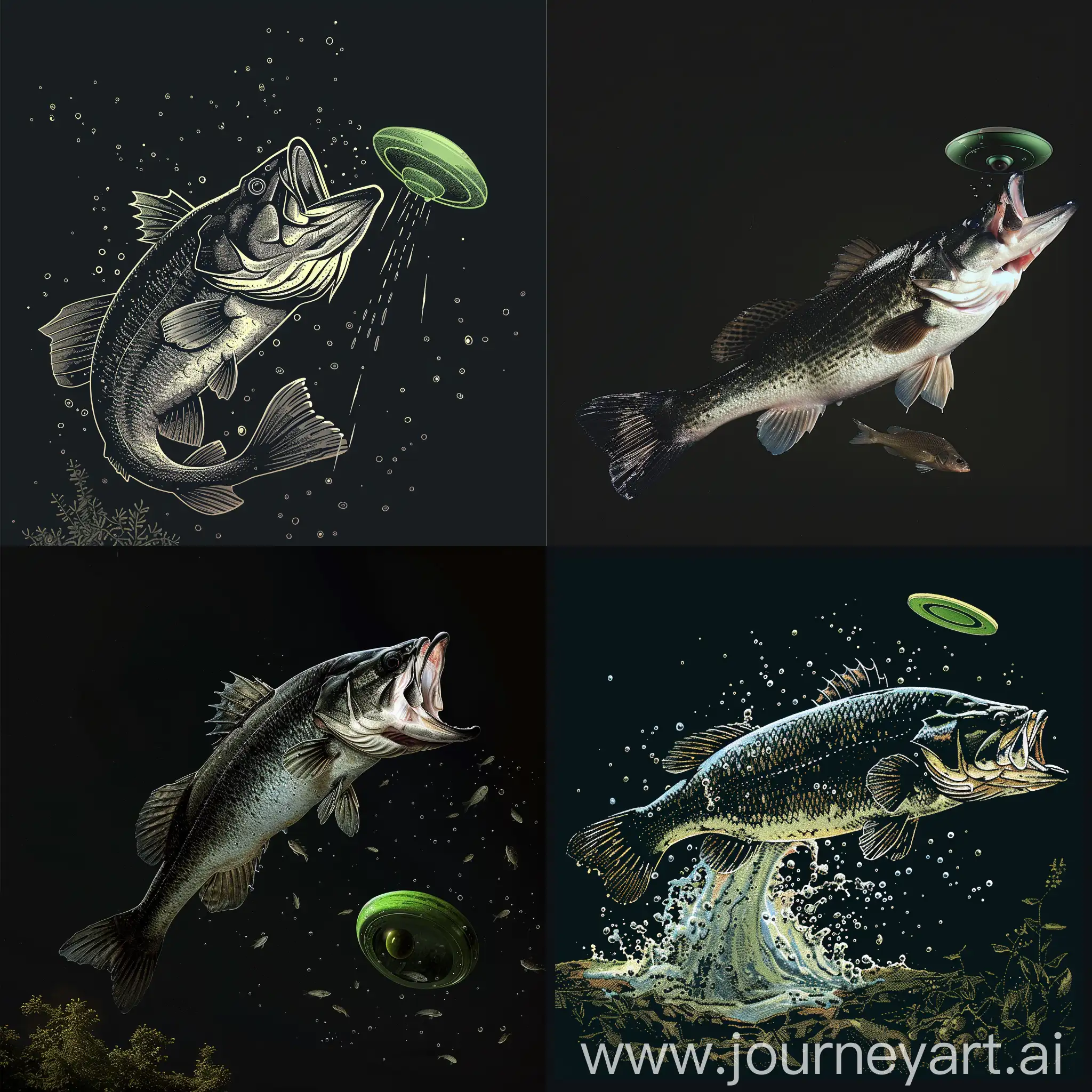 Image of Black Bass, jumping and catching a green UFO with his mouth, the background of the image is black