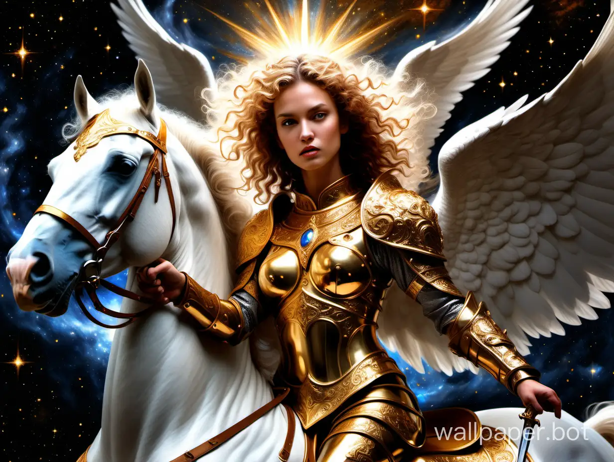 painting ultrarealistic iluminated beautiful curly angel in a magnificent horse, furious face, macro camera zoomed on her face, hiperdetailed gold armor, lightining sword in hands, posing like a hero looking to sky, religious painting, smoth star galaxy background