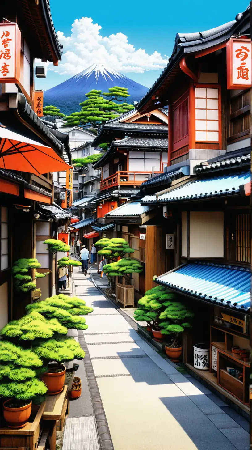 Hand-drawn image capturing a 1990s Japanese town scene, buildings in foreground bustling with activity, vibrant colors on nostalgic setting, ultra HD, realistic, vivid, highly detailed, UHD, pen and ink, perfect composition, beautifully detailed, intricately insanely detailed, octane render, trending on ArtStation, 8k, photorealistic concept art, soft natural volumetric cinematic light.