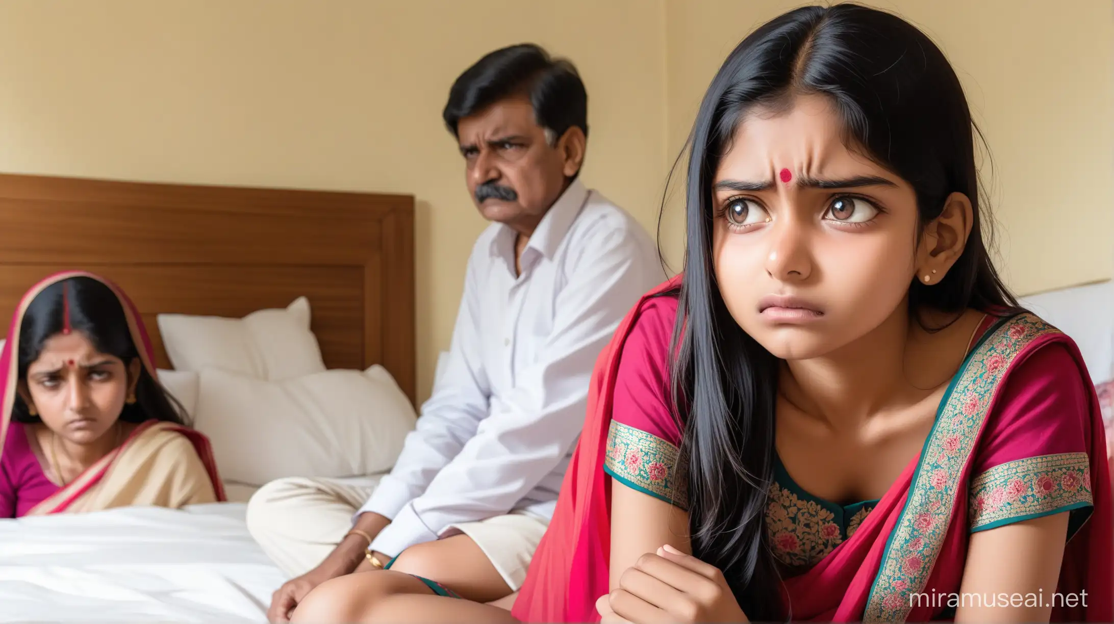 16 year old Indian girl sitting on bed, upset, with parents