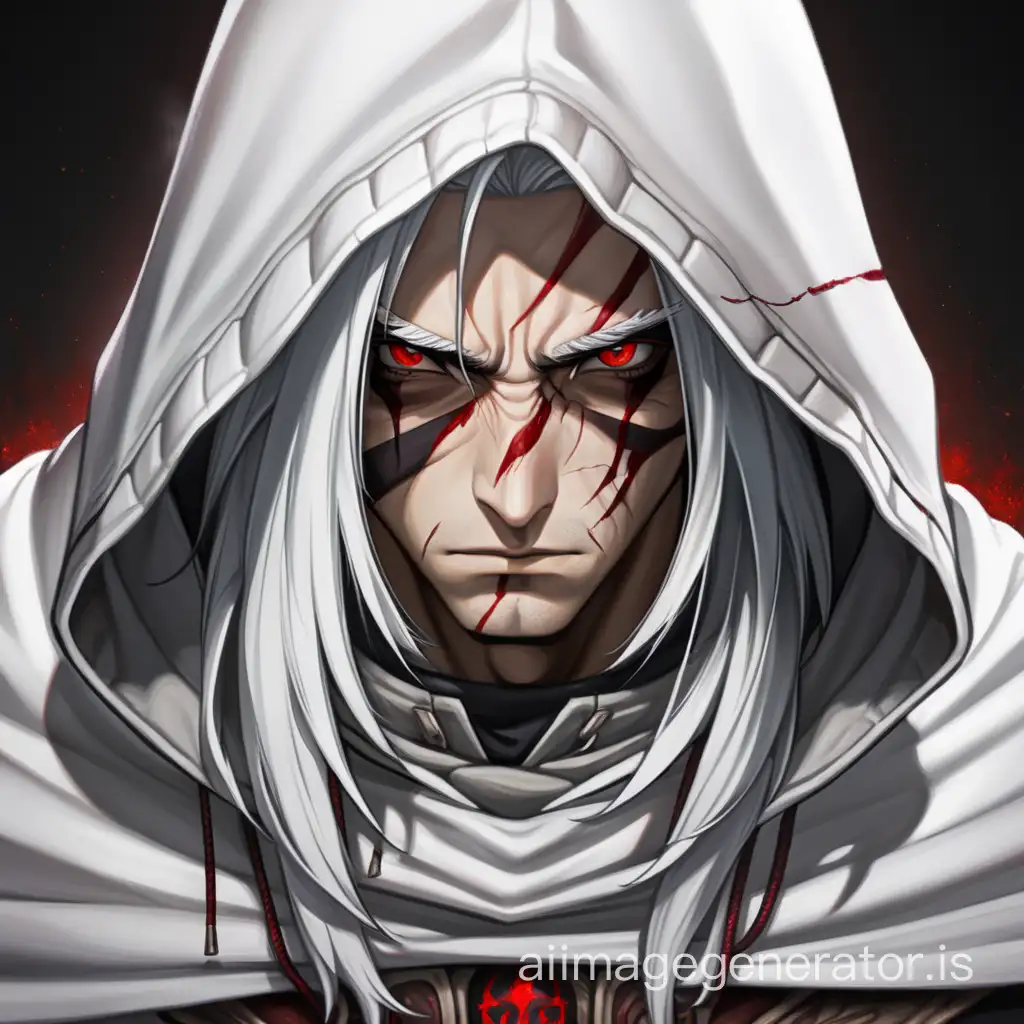 Adult, with red eyes, scar on the eyebrow, white hair and with a hood.