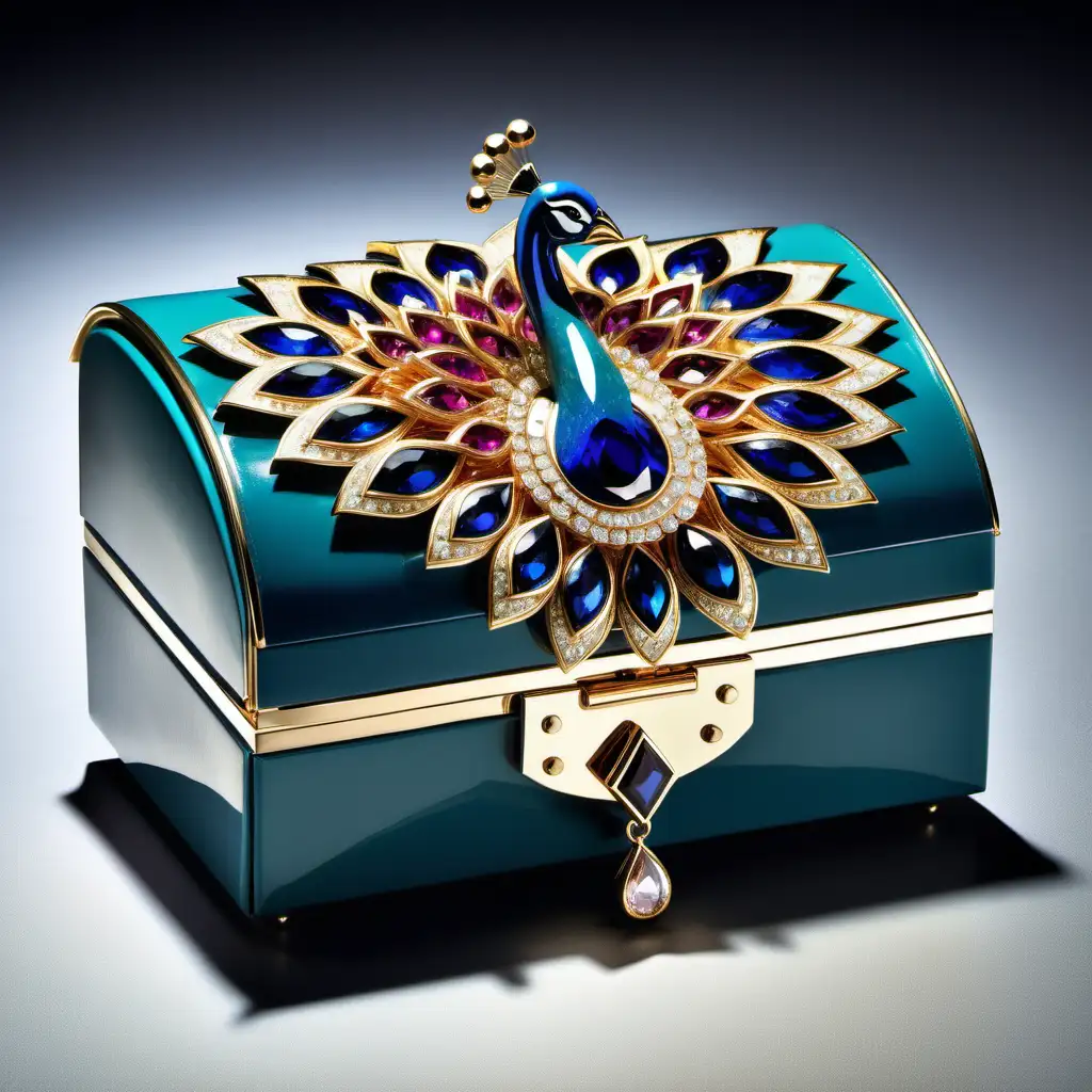 Subject: The main subject of the image is a contemporary retro jewellery box that doubles as a purse. The design is highlighted by studded gems, creating an elegant and luxurious appearance.  Setting: The image showcases both the interior and exterior of the jewellery box, emphasizing the craftsmanship and attention to detail. The setting exudes a blend of modern and vintage aesthetics, providing a timeless appeal.  Background: The background complements the jewellery box, with subtle elements that enhance its overall presentation. Soft lighting or a neutral backdrop may be employed to draw attention to the intricate details and vibrant gems.  Style/Coloring: The style of the image is a harmonious fusion of contemporary and retro design elements. The color palette is rich and sophisticated, with a focus on showcasing the brilliance of the studded gems. The peacock on top may feature vivid and complementary colors to add a touch of opulence.  Action/Items: The image captures the versatility of the jewellery box by showcasing its functionality as a purse. The box may be partially open, revealing the luxurious interior and providing a glimpse of the items it can hold. Additionally, the gem-studded peacock on top adds a dynamic and eye-catching element to the image.  Costume/Appearance/Accessories: The jewellery box exudes an air of sophistication with its intricate design and gem embellishments. The peacock, serving as a prominent accessory, enhances the overall appearance, symbolizing elegance and beauty.