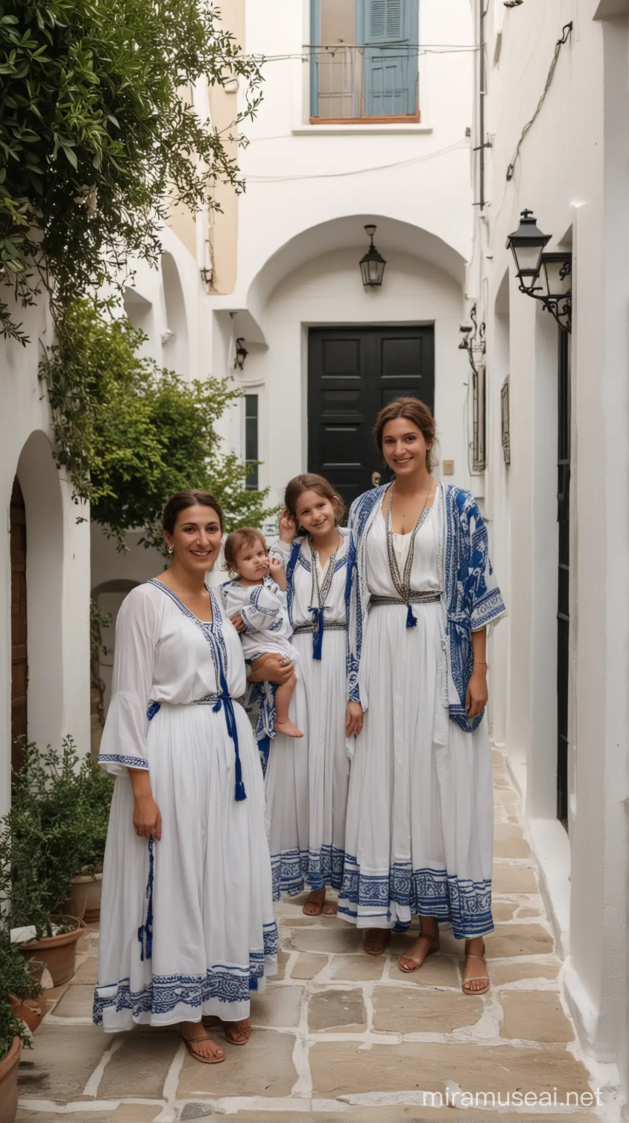 Greek Family Celebration in Traditional Attire Amidst Courtyard Ambiance