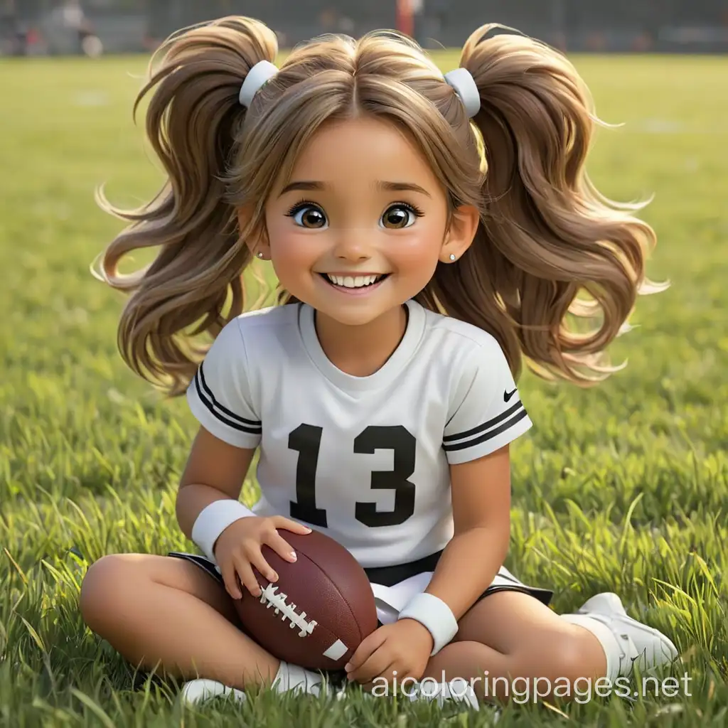 4/9/2024  Cute Animated 3d Little Girl Cheerleader Long Ponytails Sitting In The Grass Holding An NFL Football Happy Smiling, Coloring Page, black and white, line art, white background, Simplicity, Ample White Space. The background of the coloring page is plain white to make it easy for young children to color within the lines. The outlines of all the subjects are easy to distinguish, making it simple for kids to color without too much difficulty