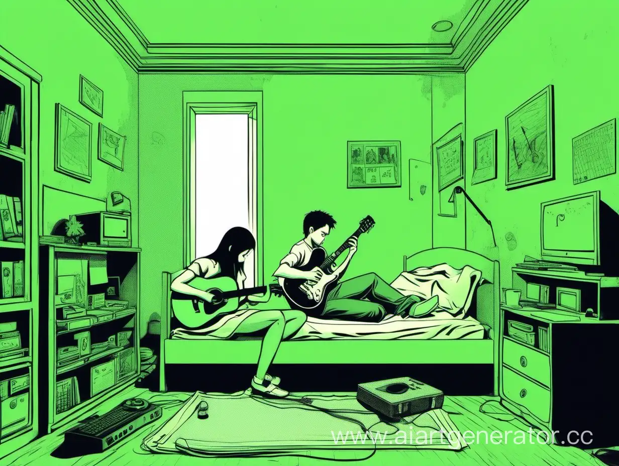 Комната с зелеными обоями, Девушка играет в компьютер, парень лежит на кровате играет на красной гитаре, нарисованное в стилистике ло-фи в формате диджтл арт 