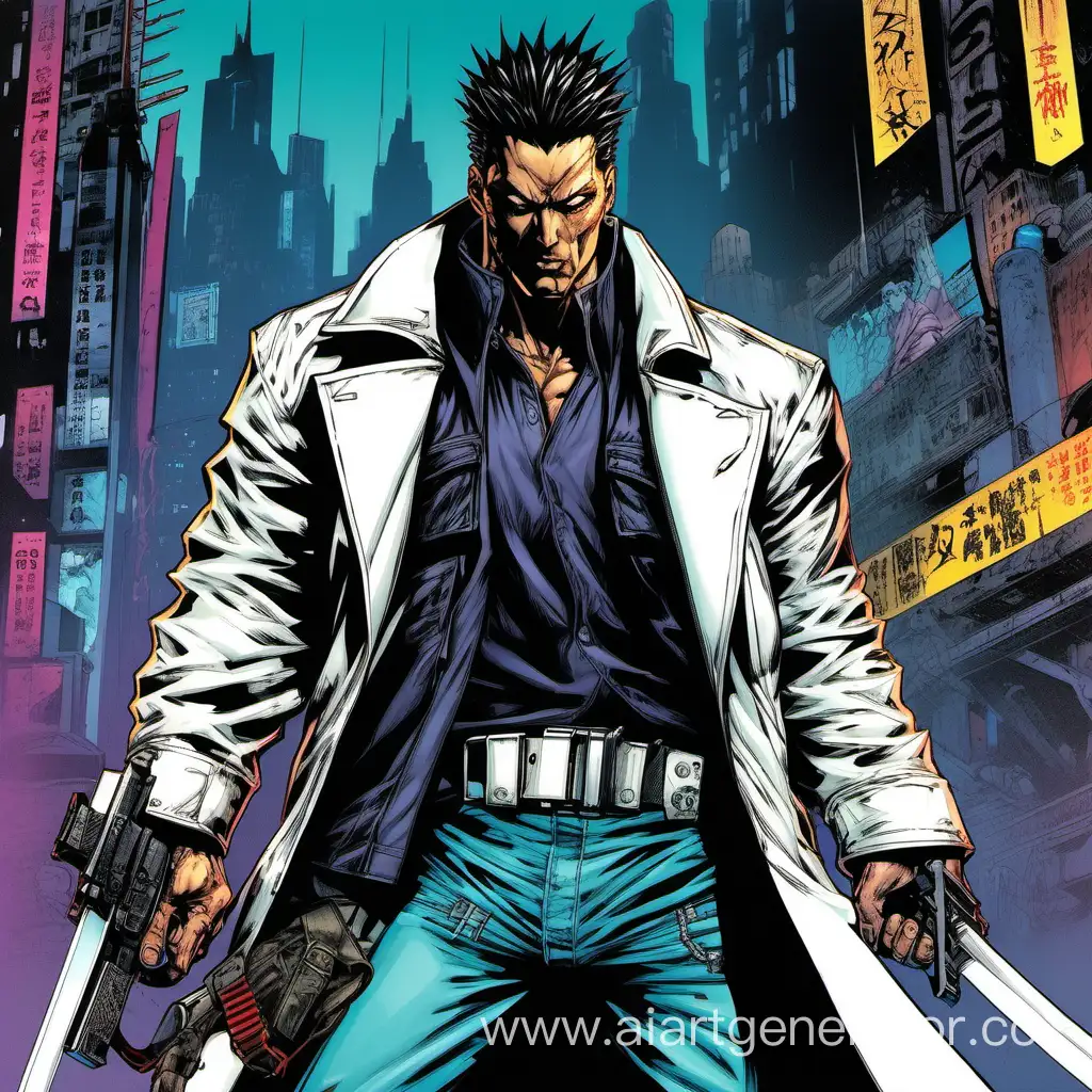 90s comics art, attack move, full height figure, cyberpunk, male murderer, white jacket, katana, revolver, massive, straps, eye implant, aggressive, colored