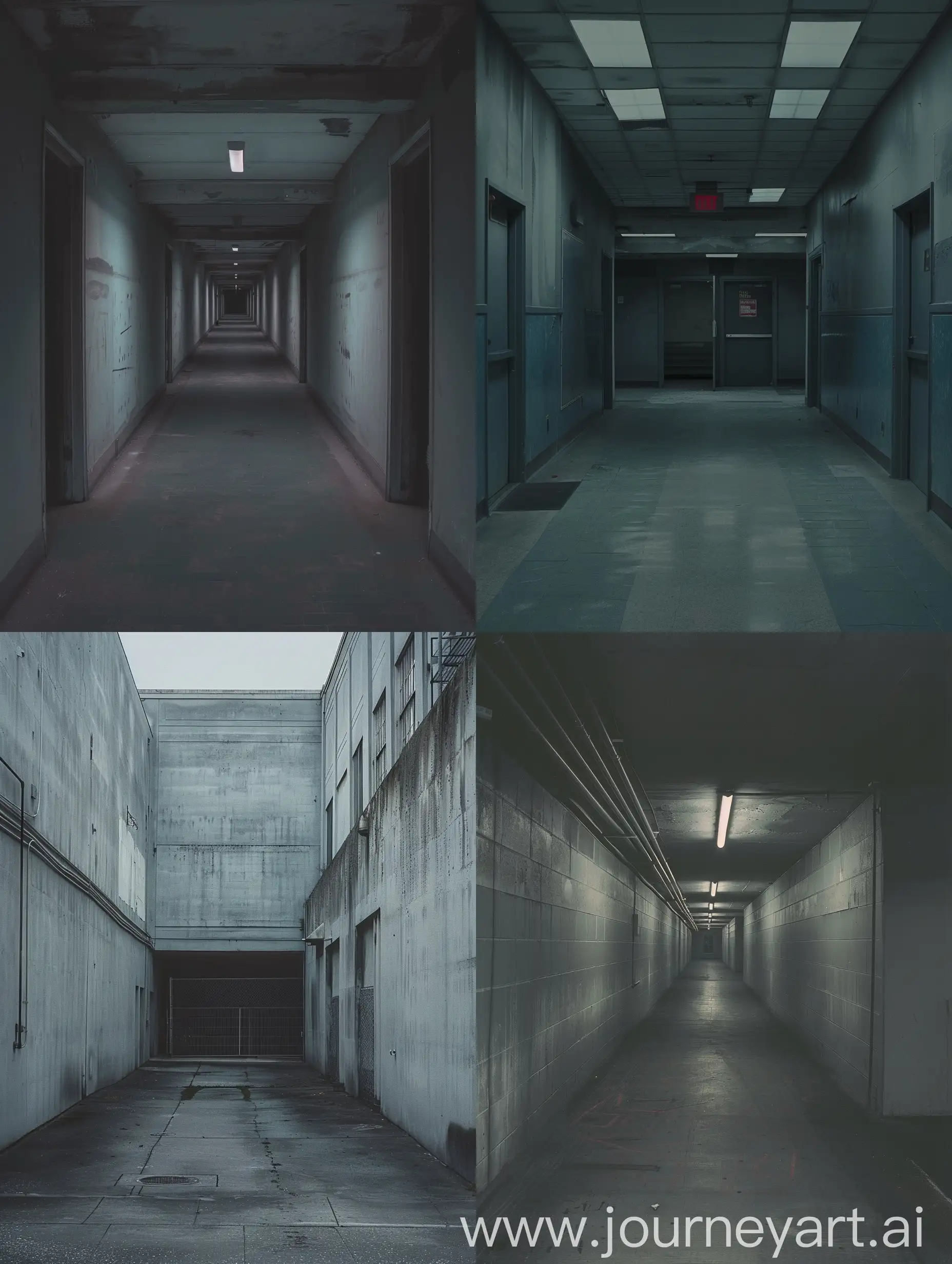 Early 2000s found footage, empty and eerie
alley, muted grey tones