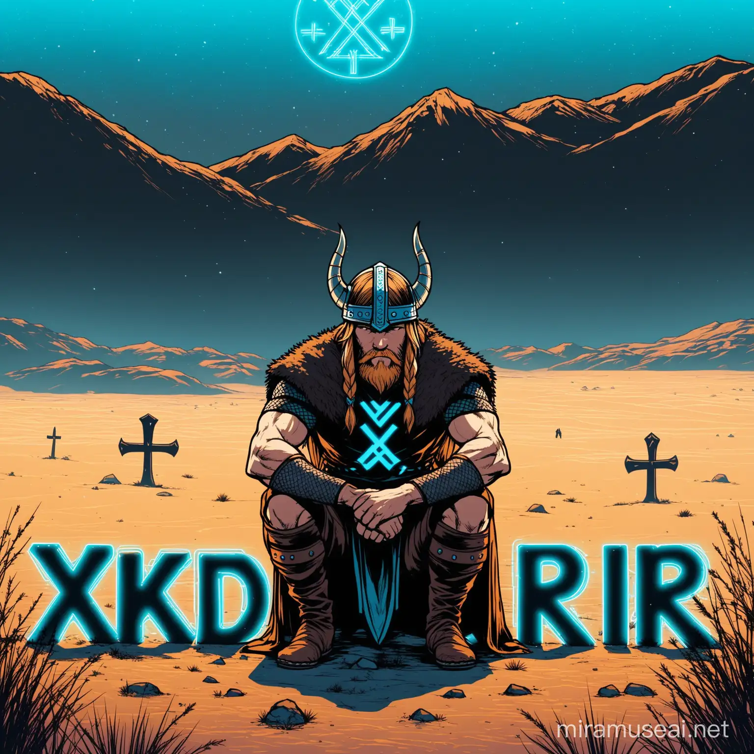 Cowboy Viking (group)
appreance-kid/crouched with arms on knees  /noir-brown/tan/full body/male/ / viking and cowboy runes neon blue/
background-desert/hills/mountain/rocks/ noir black/white/tumble-weeds