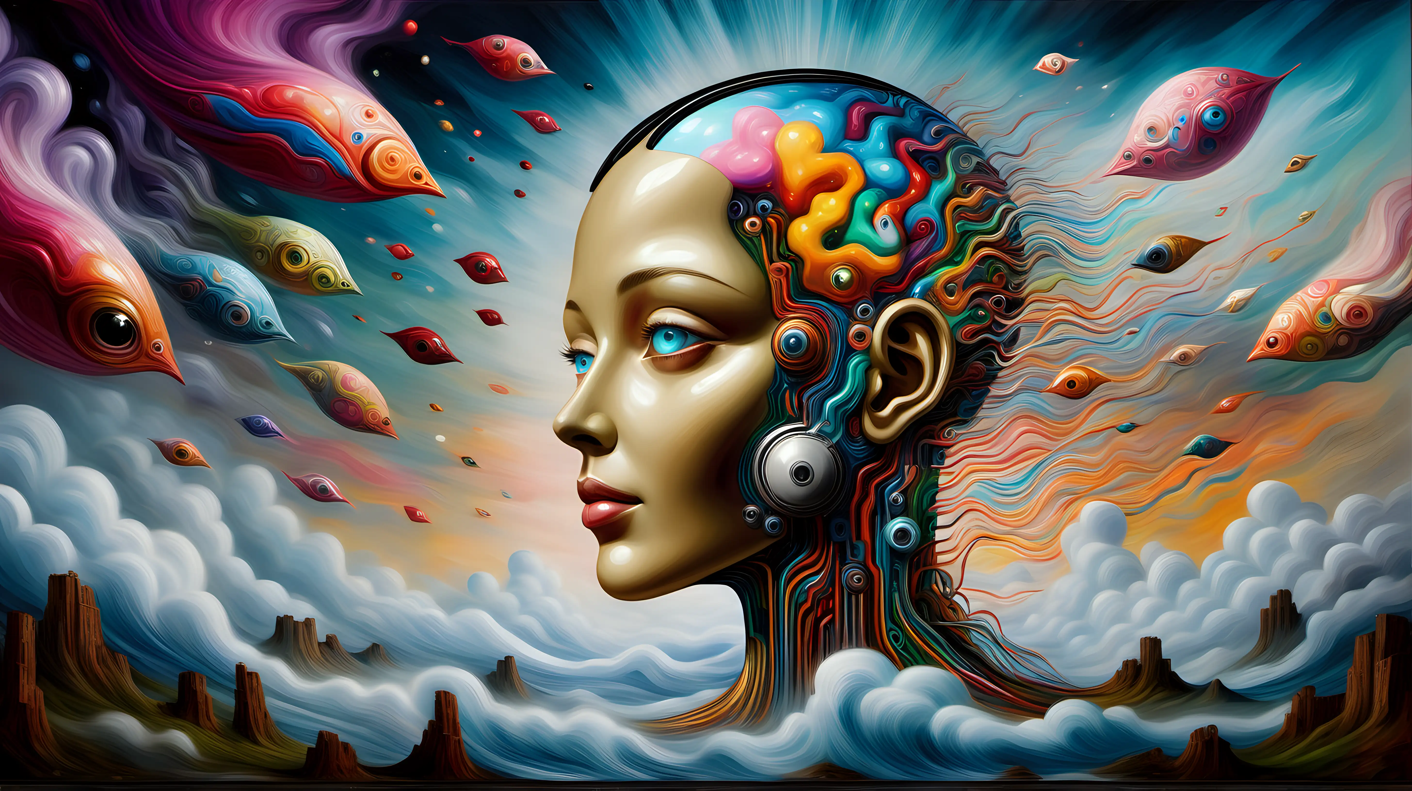 a masterpiece oil painting expressing what an AI art program would dream about, vivid, dreamy, surreal