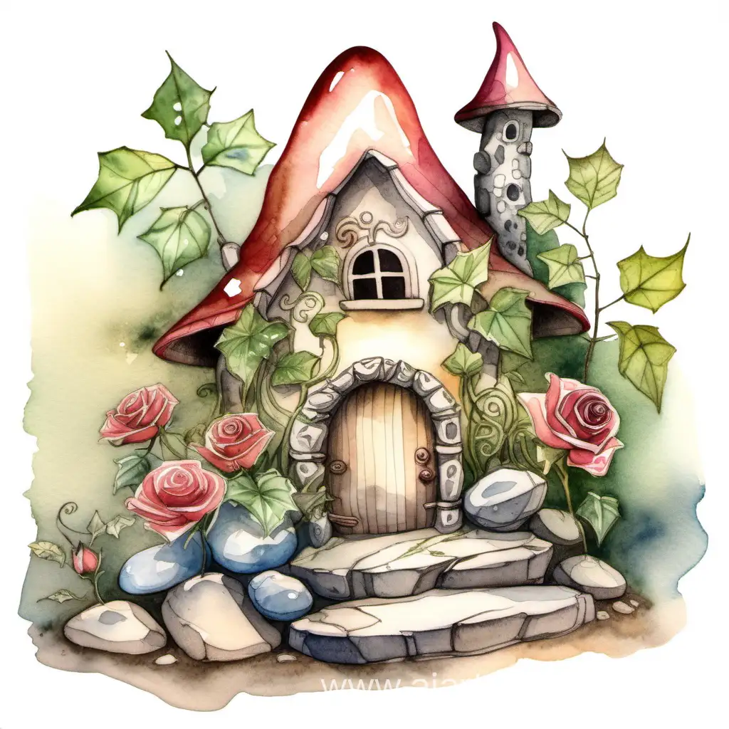 акварельный скетч сказочный домик сбоку камни и плющ с розами