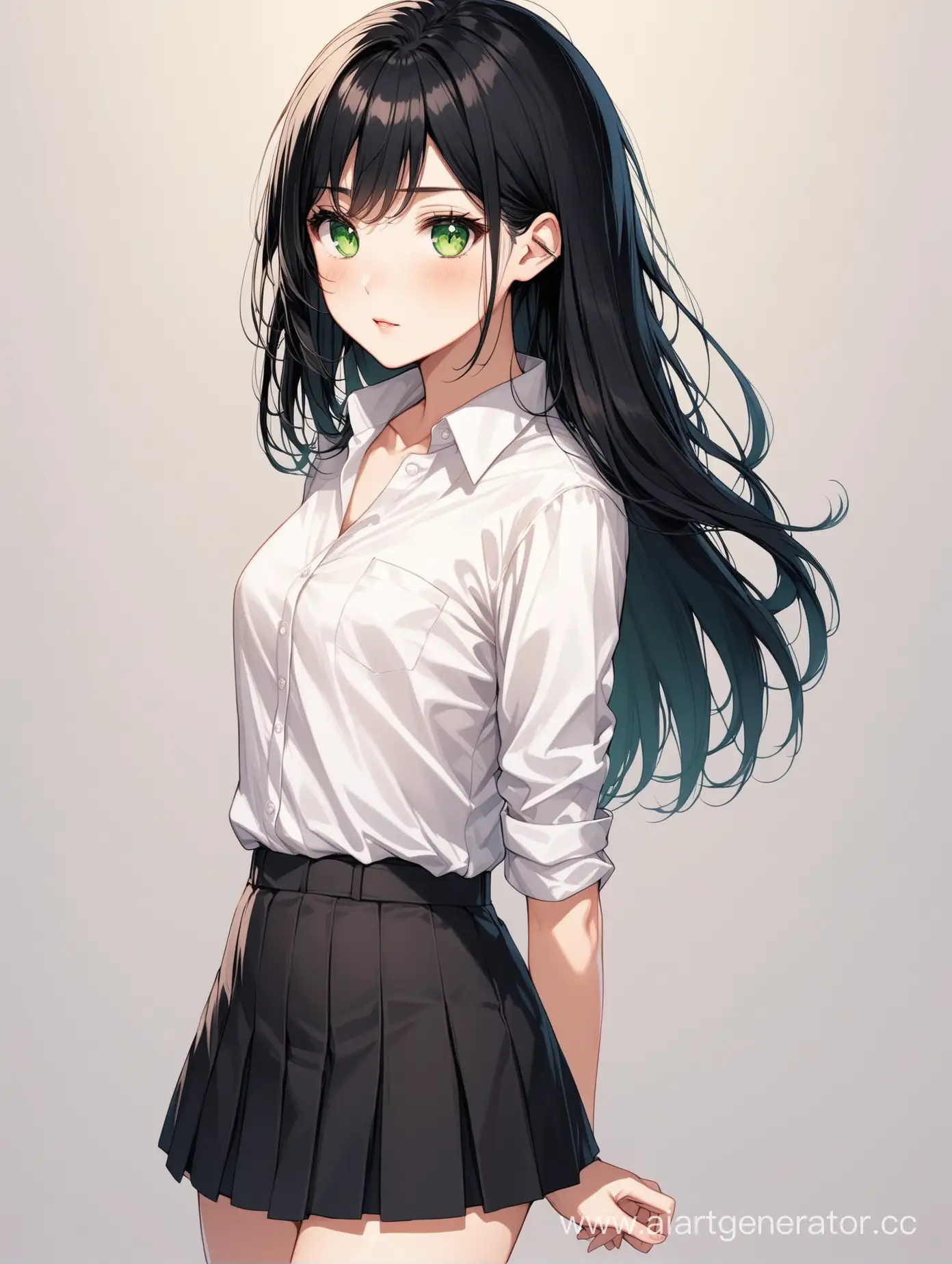 Девушка, зелёные глаза, средние чёрные волосы и светлая кожа, на ней одета рубашка заправленная в короткую юбку