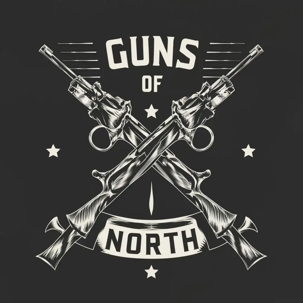 logo, guns, sword, with the text "guns of north", typography