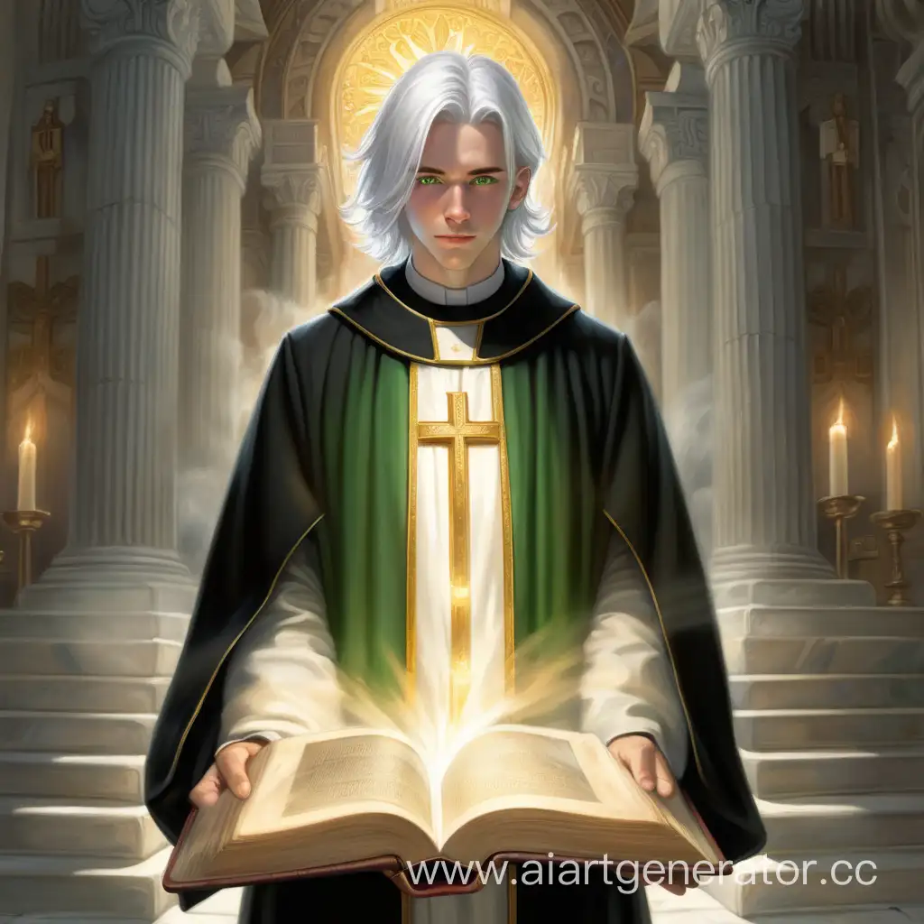 Молодой человек с белыми волосами и зелеными глазами в рясе стоит по середине храма и несет открытую книгу из которой идет свет