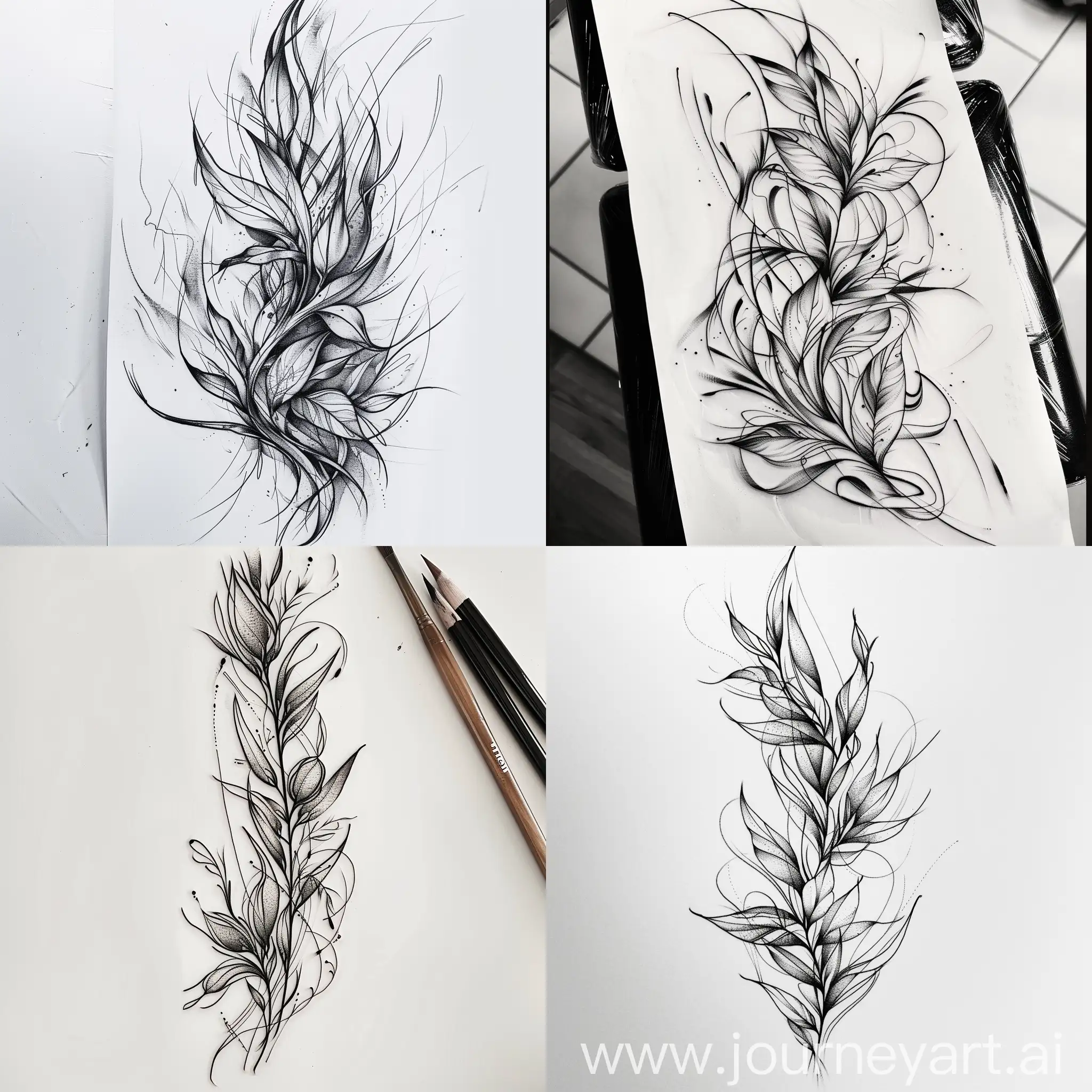 Create a sketch for a tattoo from lines and brush strokes, with a plant theme.