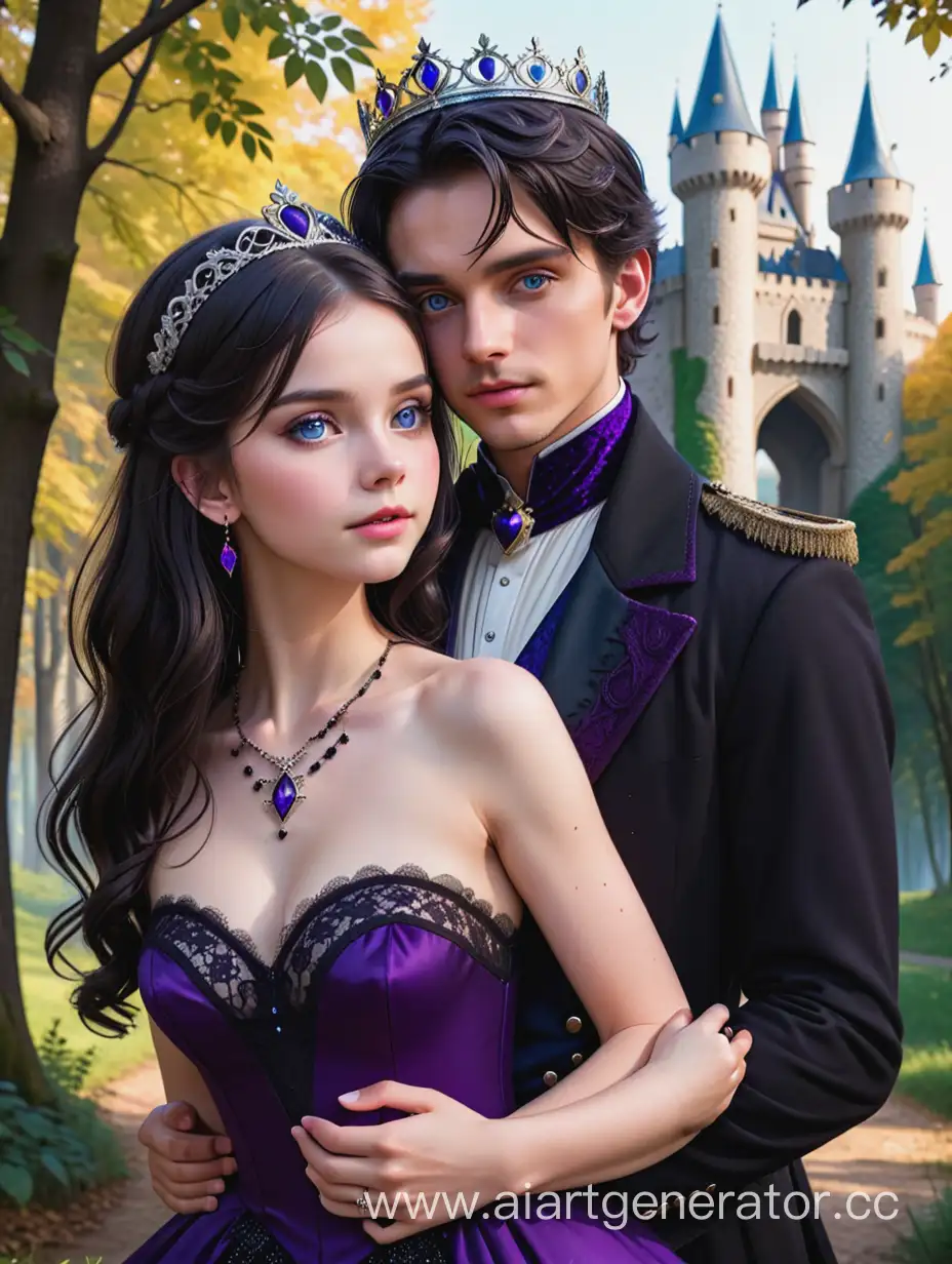 A girl with dark hair and blue eyes stands against the background of a castle in a forest thicket. She is wearing a dark purple dress with black lace, jewelry and a silver tiara with purple stones. A guy with short white hair and golden eyes, in a black tailcoat, hugs her around the waist.