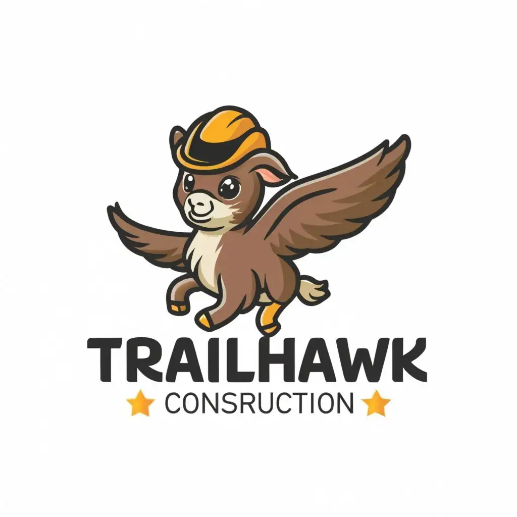 logo, cute baby goat riding a hawk, remove the horn, with the text "Trailhawk Construction", with a yellow helmet, typography, be used in Construction industry