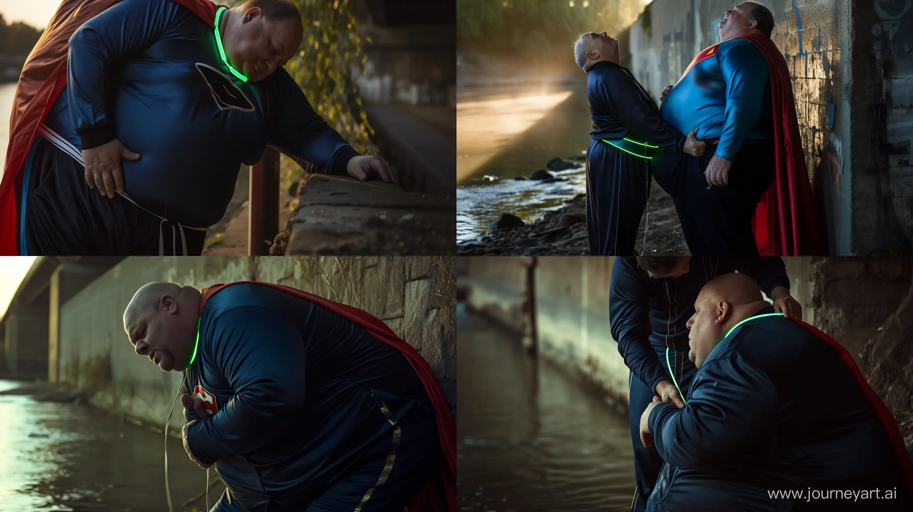 Close-up photo of a fat man aged 60 wearing a navy silk black tracksuit with a blue stripe on the pants. He is tightening a tight green glowing neon dog collar on the neck of a fat man aged 60 wearing a tight blue 1978 smooth superman costume with a red cape leaning against a wall. Natural Light. River. --style raw --ar 16:9