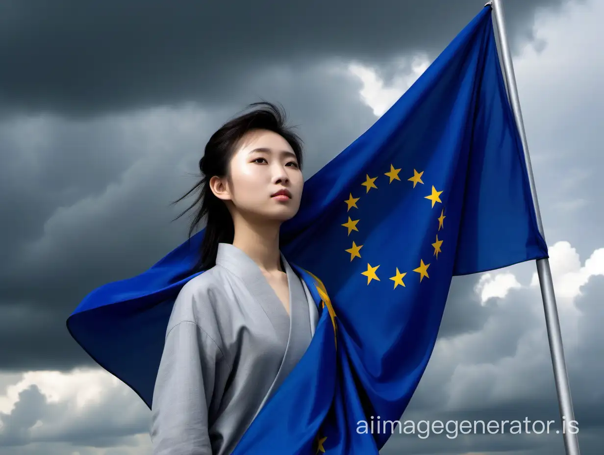 A wealthy young Chinese person, draped in the European Union flag under cloudy weather, with the flag waving behind. Due to the cloudy sky, the atmosphere of this picture seems contemplative and solemn. Ensure clarity in the facial features of the person without distortion. Image pixel size: 1024x350.