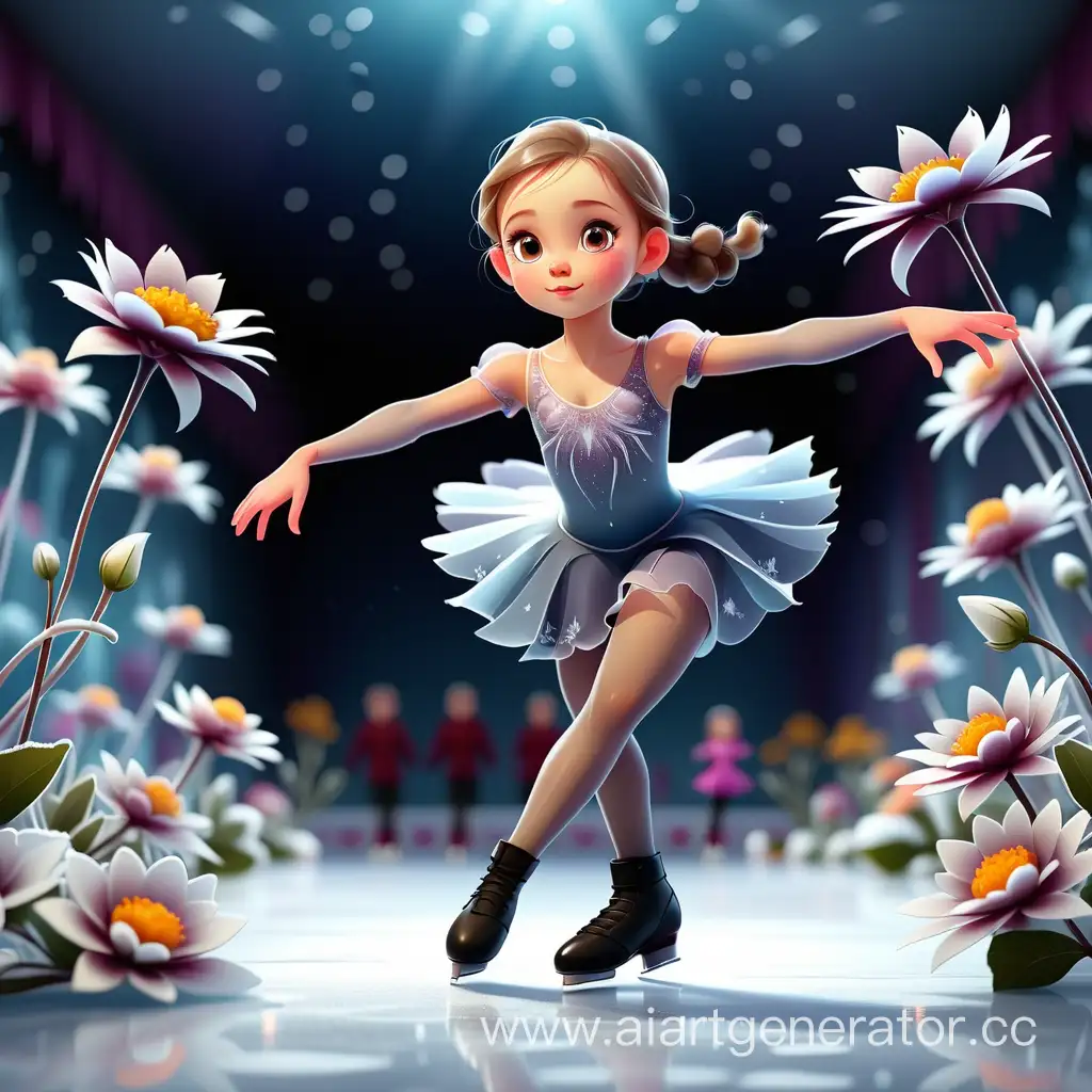маленькая девочка фигуристка на льду цветы вокруг
