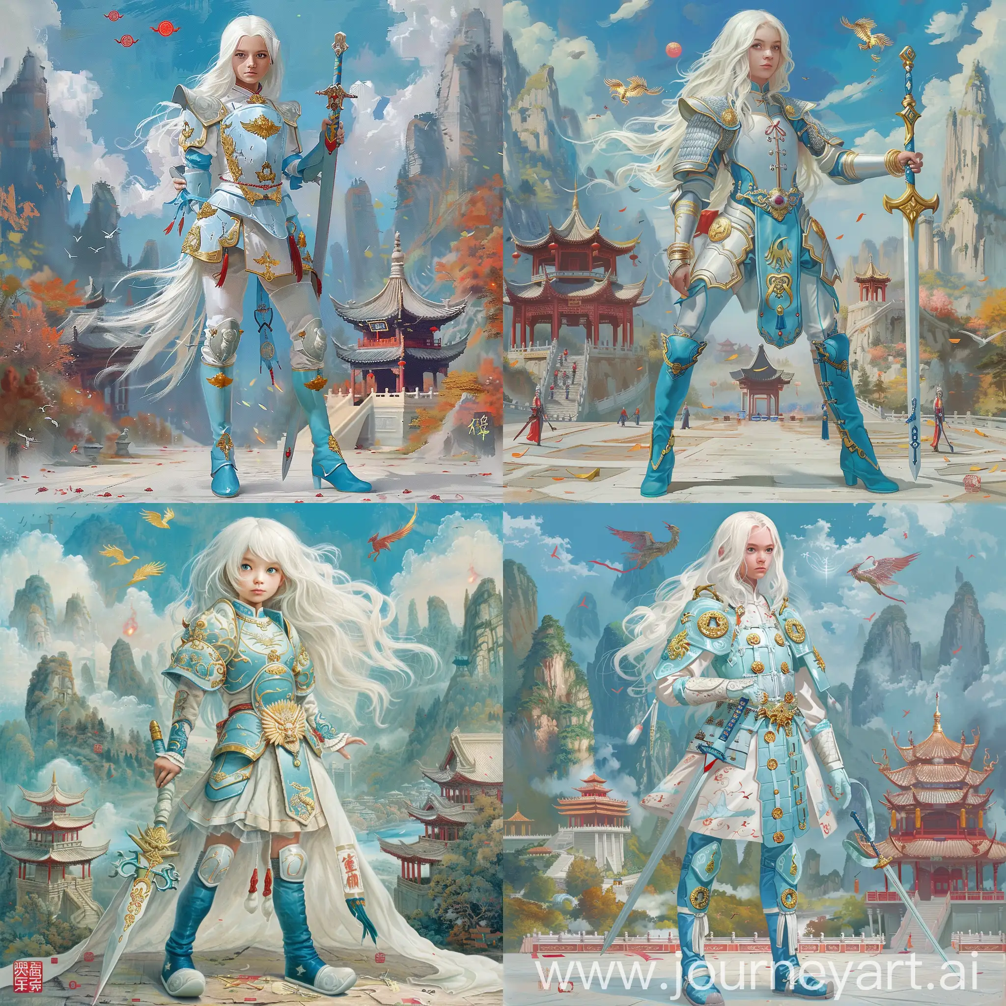 Historic painting style:

a pretty and charming British girl Luna Lovegood, with white long hair, from the Harry Potter movie,

she wears light blue and white color Chinese style medieval armor and blue boots on feet,

golden huffle puff emblems on her armor,
she holds a Chinese sword in right hand, 

Chinese Guilin mountains and temple as background, small phoenix and three small red suns in blue sky.