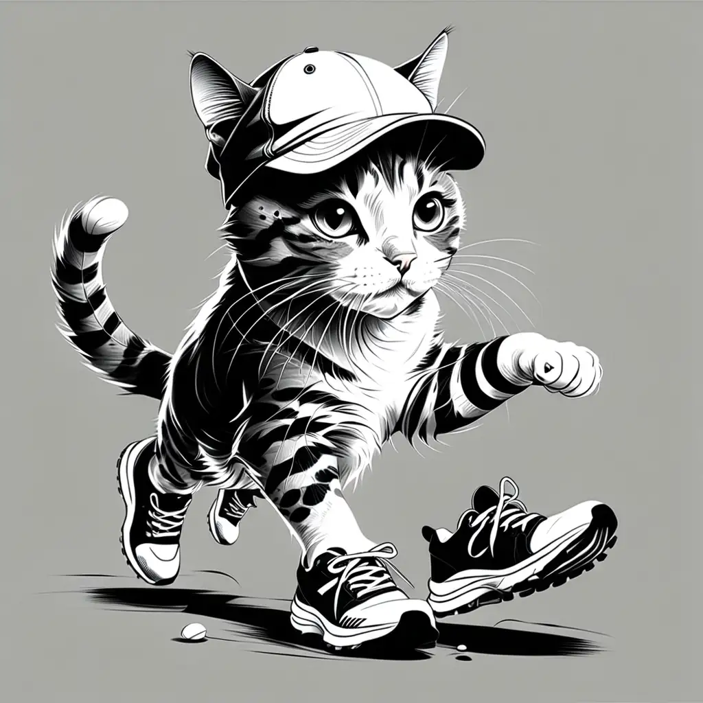 black & white drawing like vector,cat with caps,running shoes