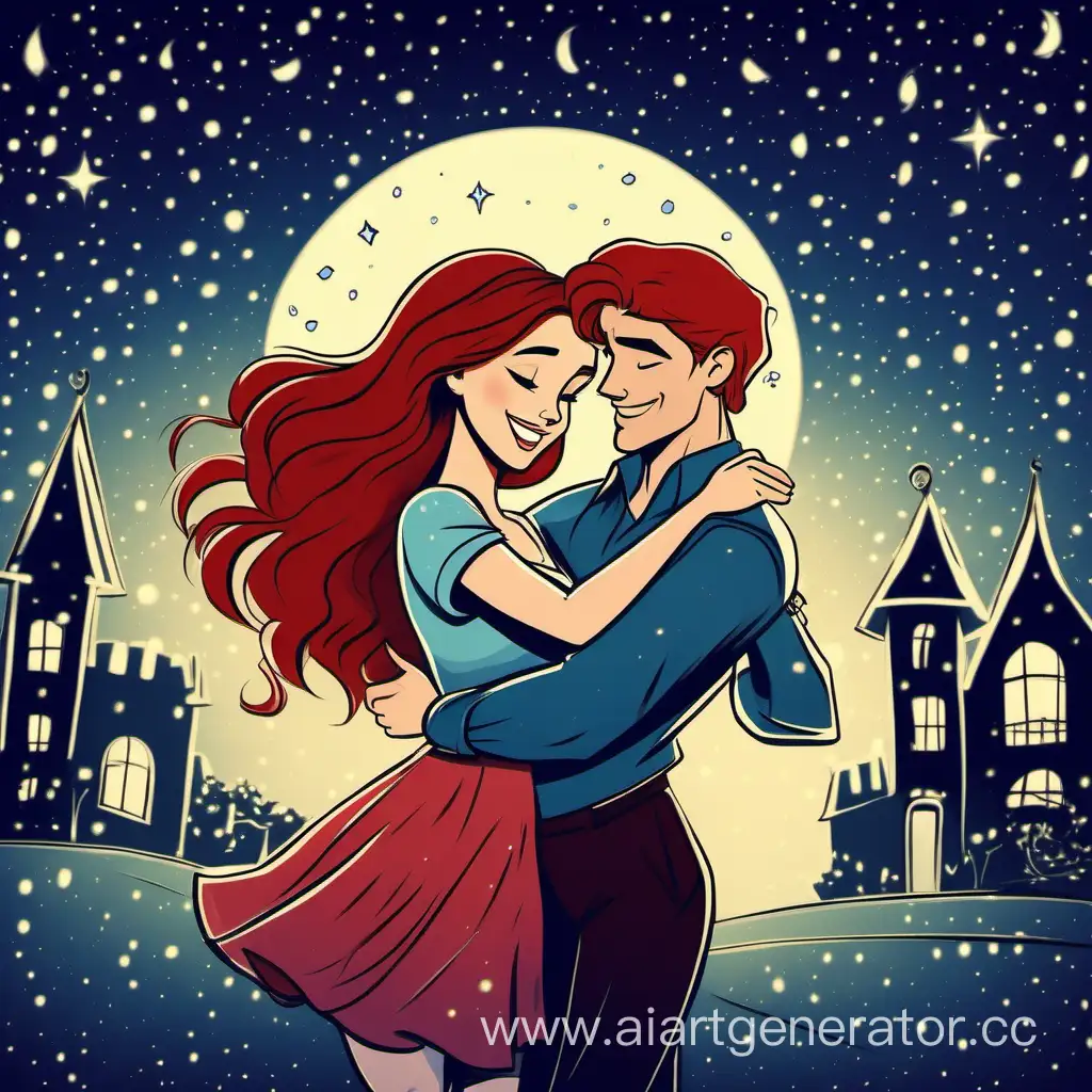 Рисунок в стиле Disney: рыжий парень с карими глазами обнимает русую девушку с голубыми глазами, танцуют ночью