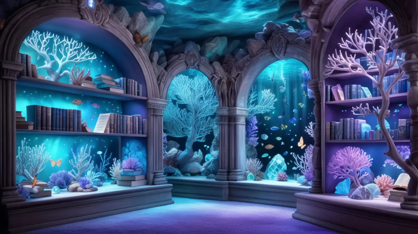 magical underwater glowing books of white, blue, and purple in gemstone caves with underwater trees and gemstone flowers and glowing underwater glimmers and fantastical glowing books next to a bookshelf wall with corals and butterflies