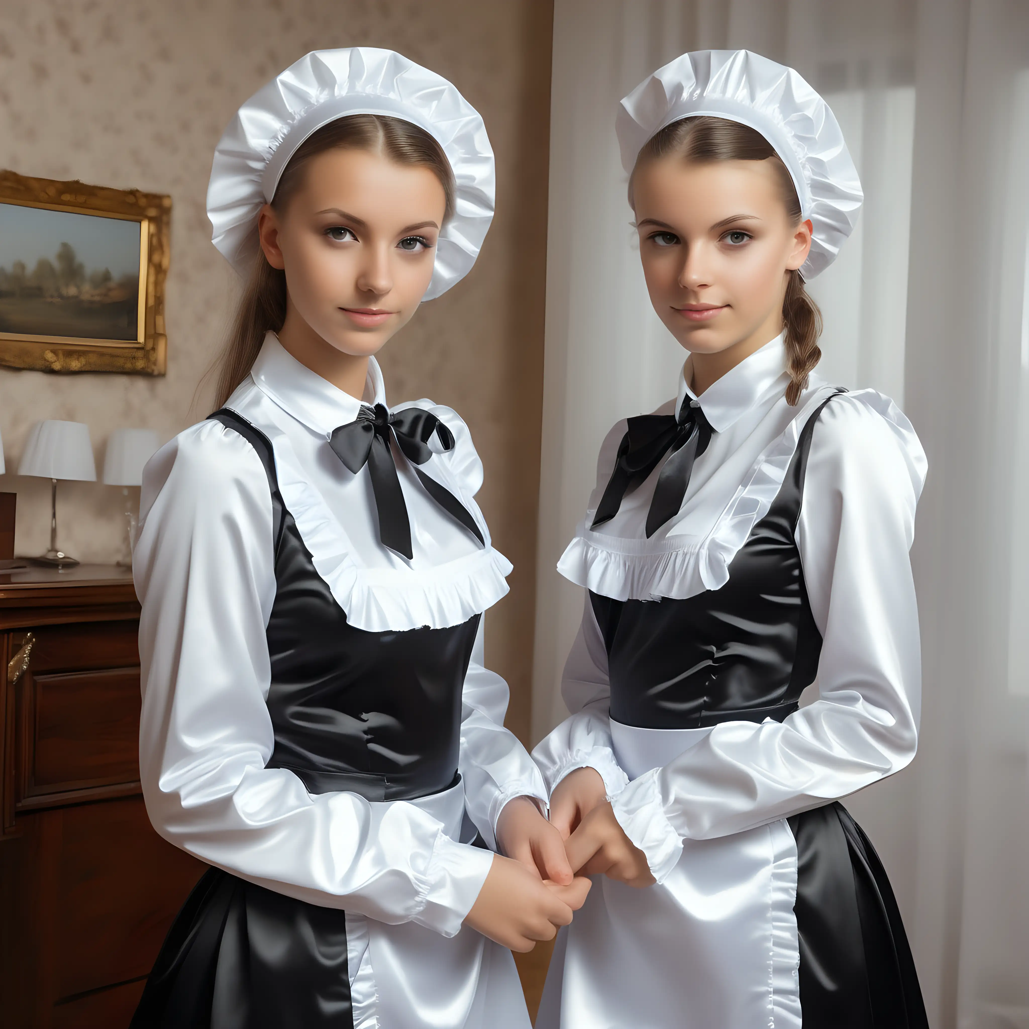 European Girl in Elegant Satin Maid Uniforms