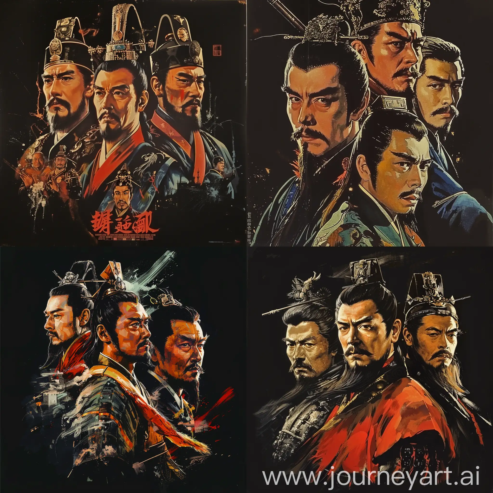 Historic painting mode:

a movie poster of Chinese historic romance The Three Kingdoms, with its Three main characters portraits such as Liu Bei, Cao Cao and Sun Quan on the poster,  

black as background,