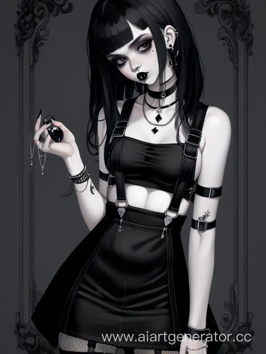 персонаж, девушка гот, черное короткое платье, портупеи, черные губы, пирсинг, украшения