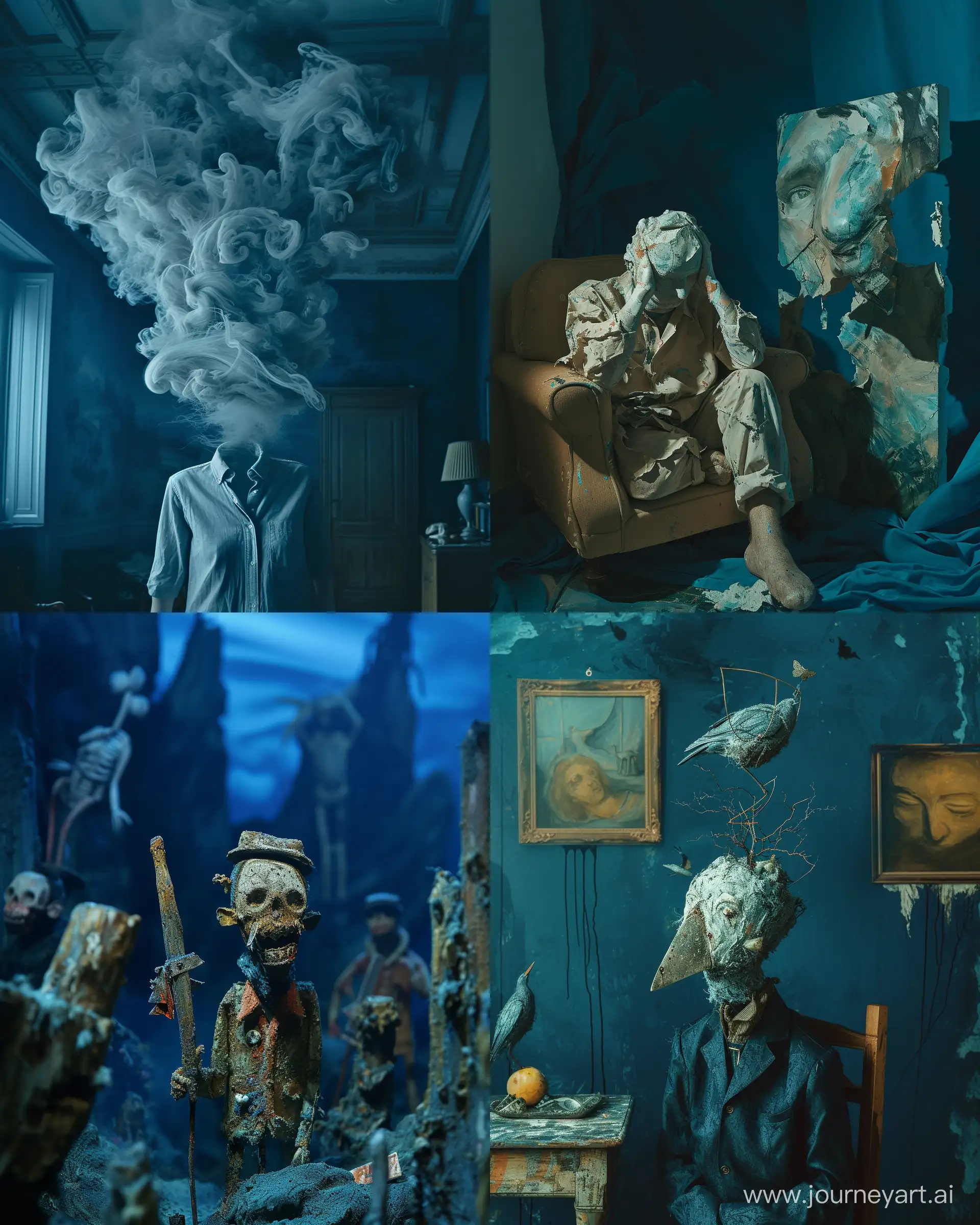 surrealism staged photography with Details of pablo picasso's paintings, absurd art, dark blue atmosphere  --ar 4:5