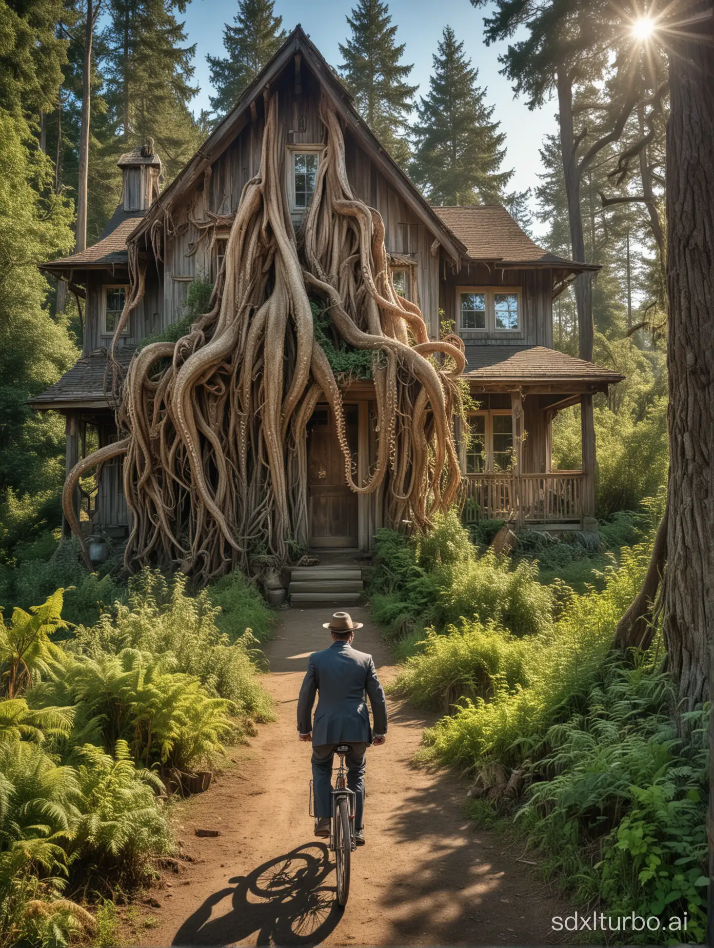 color HDR photograph, pacific northwest dense ancient forest,morning,sunny, a dilapitated, old wooden one story farm house, with giant tentacles emerging from the house, the tentacles are attacking a man in a suit, riding an old fashioned bicycle away from the house in fear, overgrown dirt path leads to front door,