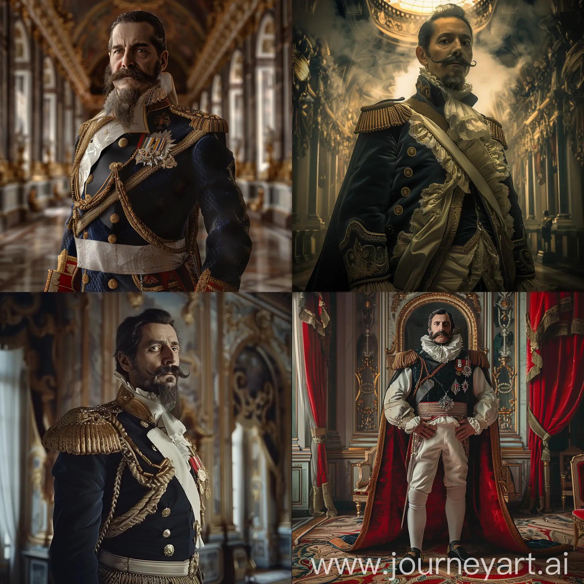 Napoleon III standing tall in palace, depicted in the attires at that age, first president and the last emperor of france, he has long mustache and long goatee beard to mouth, cinematic lighting, realistic image, hdr
