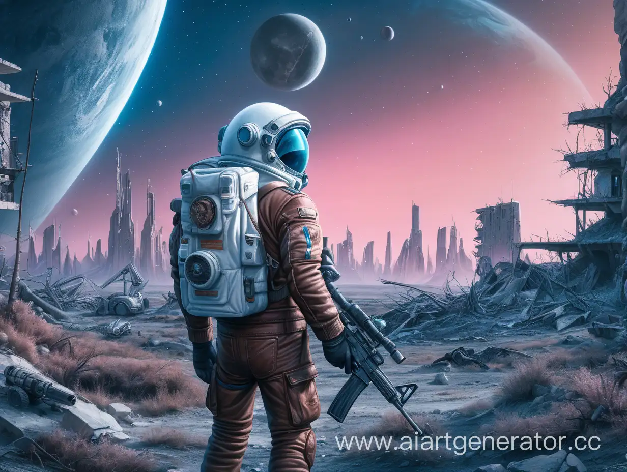 В центре поляны с синей зеленью футуристичный космонавт в кожаной коричневой куртке и с автоматом в руках, на заднем фоне здания полуразрушенные, другая планета, натуральный свет, сумерки, арт, реалистично, темно-синие, белые, серые, черные, розовые тона, 4k.