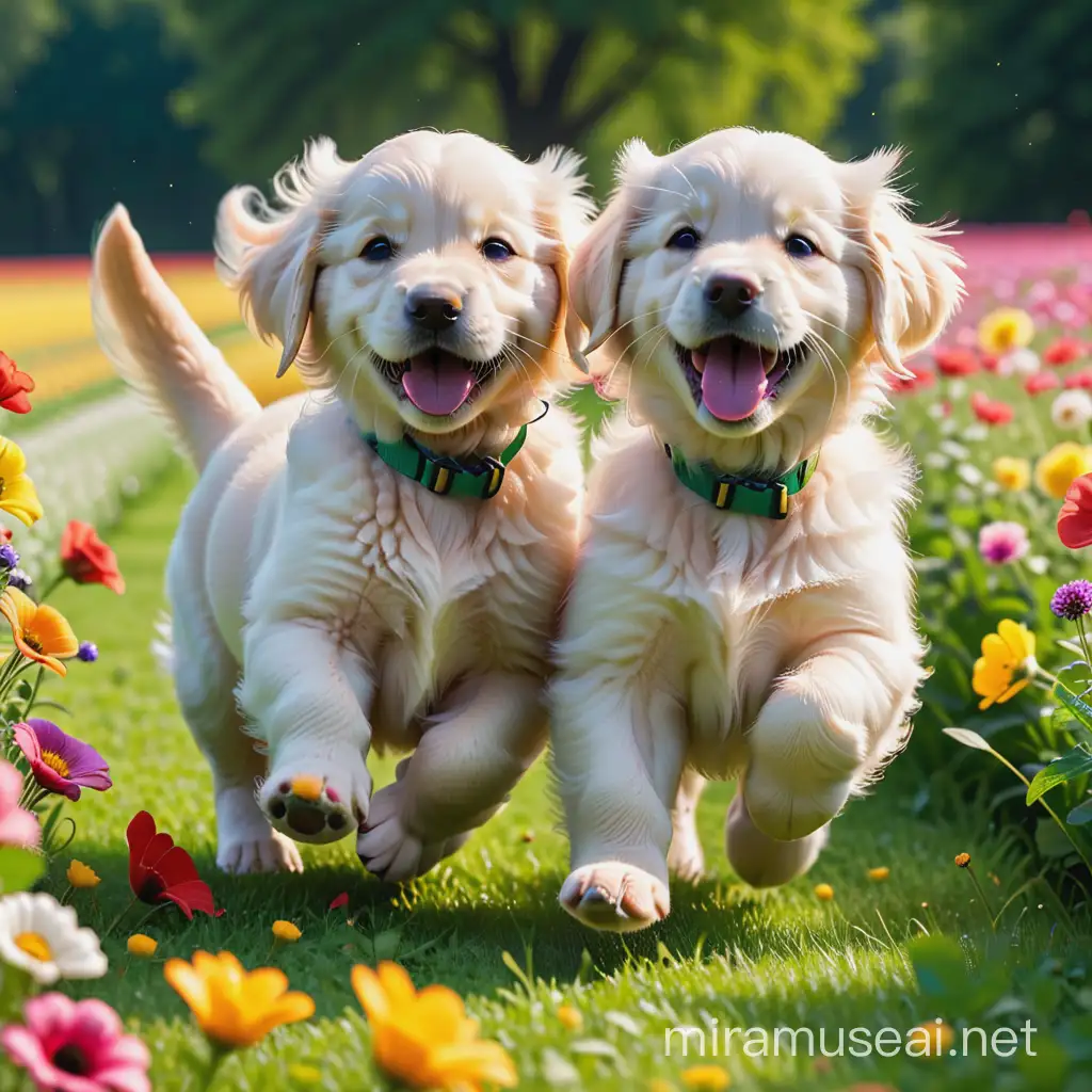 Two white golden retriever puppies are running on a green meadow full of colorful flowers