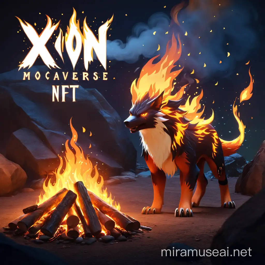 Fiery Creature in XION Mocaverse NFT Scene with Bonfire