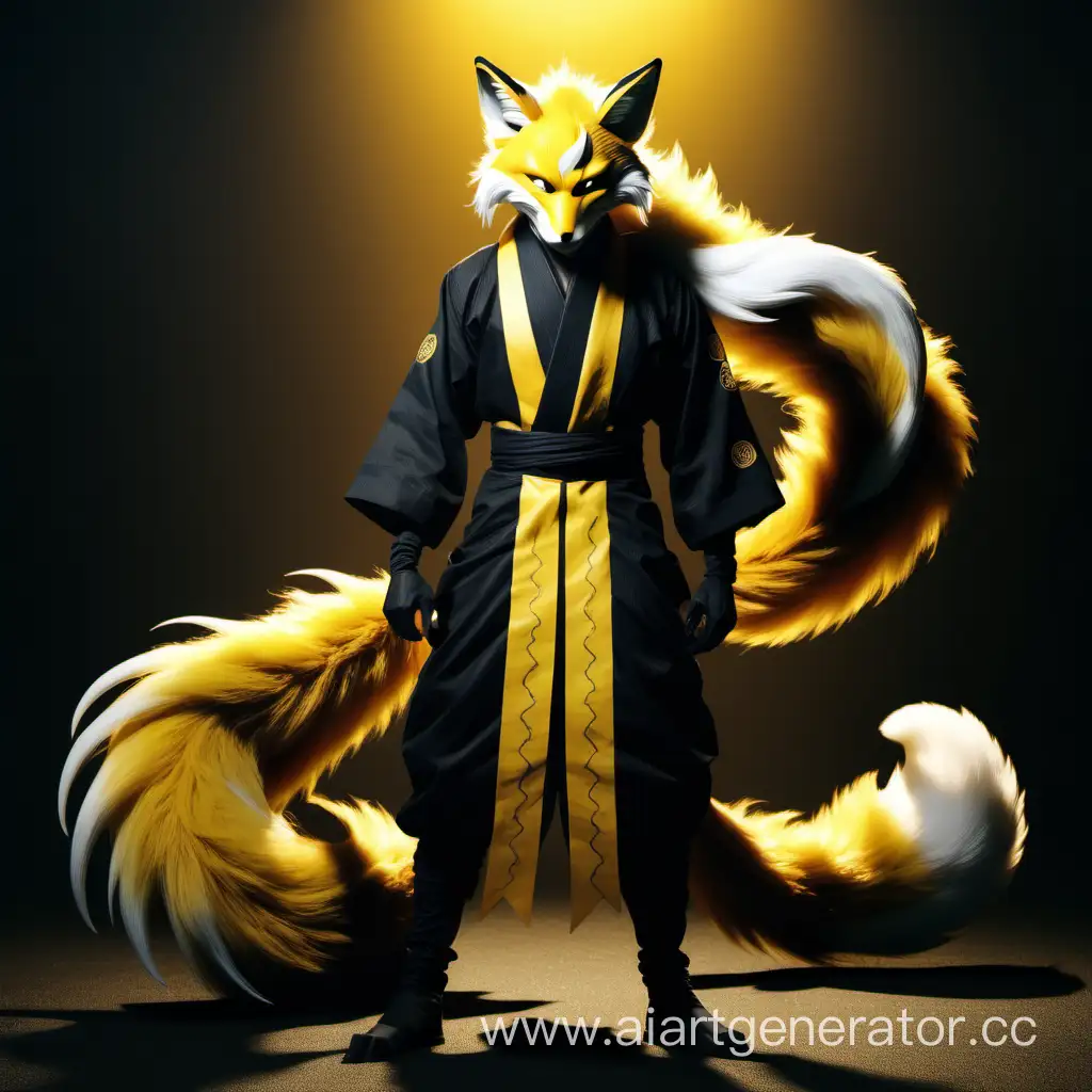 Majestic-Kitsune-Man-with-Six-Tails-Standing-in-Black-and-Yellow-Tones