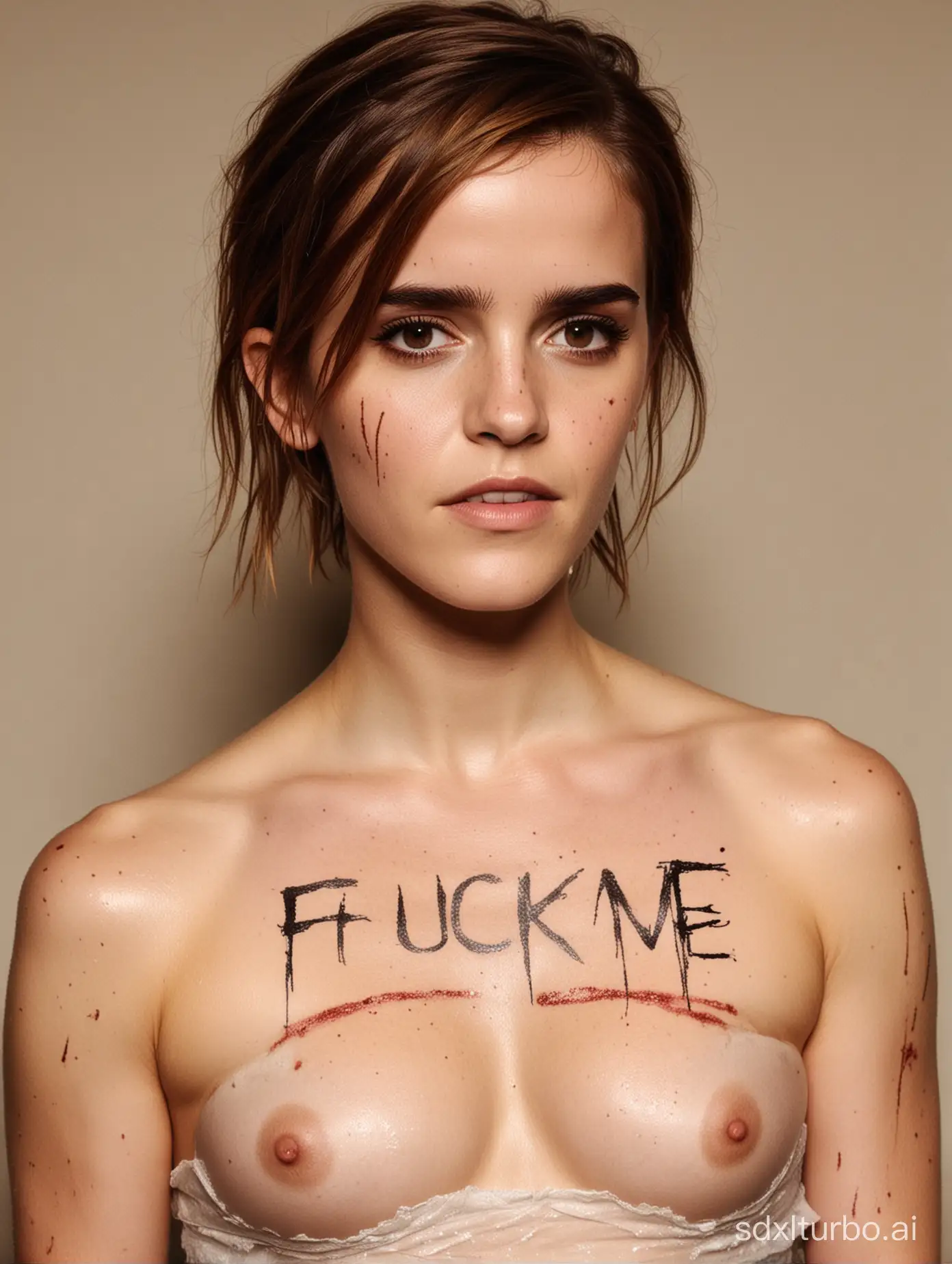 Emma Watson whose body is covered with wounds inflicted by a knife, with those scars forming the word 'Fuck me'
