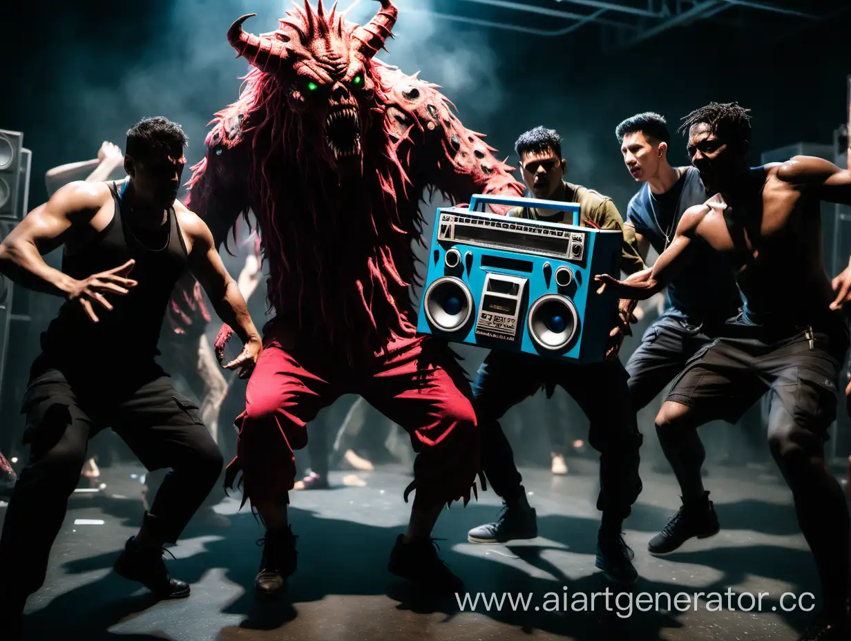 crewmate from lethal company dance with boombox while he's surrounded by monsters