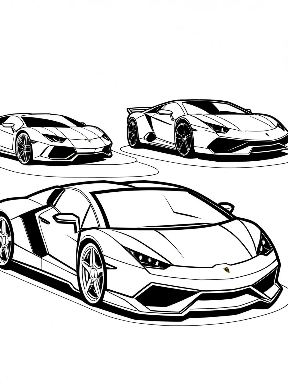 2024 SUV sport car futuristic Lamborghini vs Porsche vs Ferrari vs Tesla, Coloring Page, black and white, line art, white background, Simplicity, Ample White Space. The background of the coloring page is plain white to make it easy for young children to color within the lines. The outlines of all the subjects are easy to distinguish, making it simple for kids to color without too much difficulty