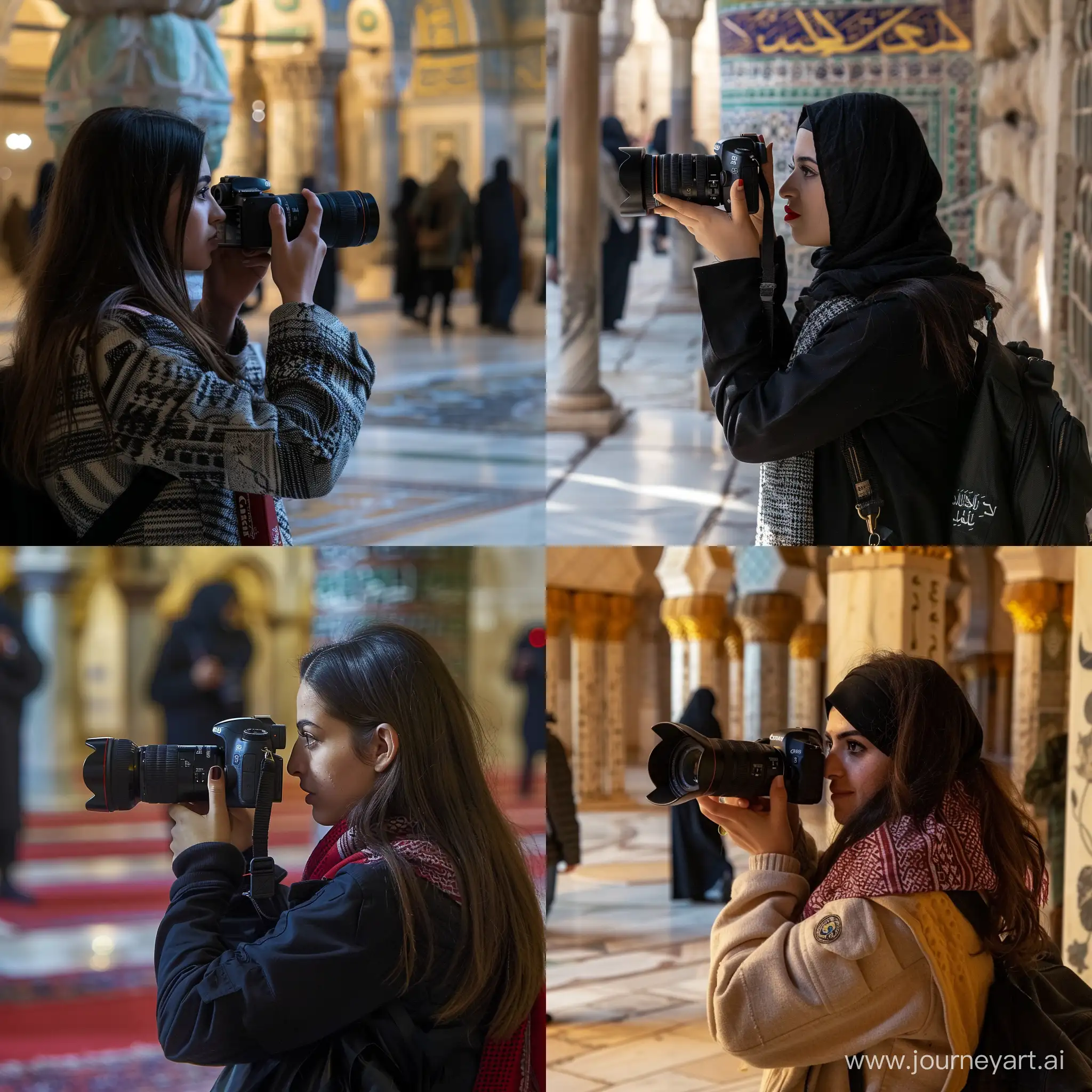 An innocent young female reporter, Hourieh, is taking a picture with Canon camera of the last savior Mahdi in Al-Aqsa Mosque