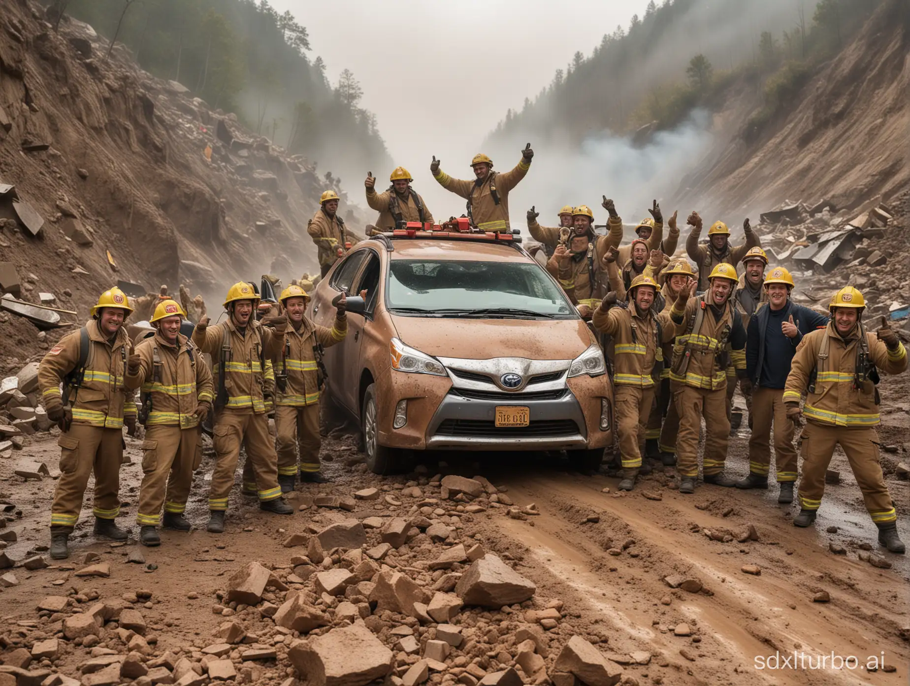 Firefighters-Celebrating-Victory-Over-Landslide-at-Big-Sur-with-Thumbs-Up-from-Driver