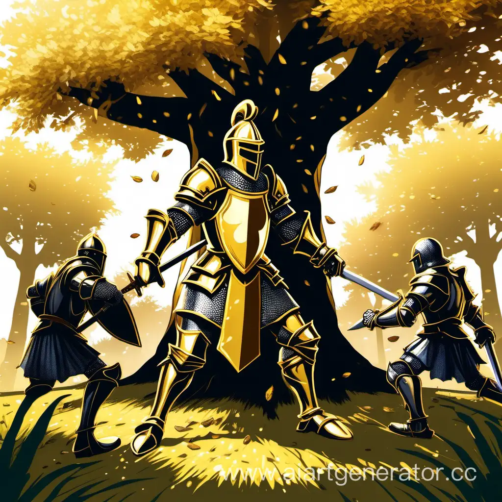 Трехметровый рыцарь в блестящих золотых доспехах сражается против трех крестьян под огромным деревом