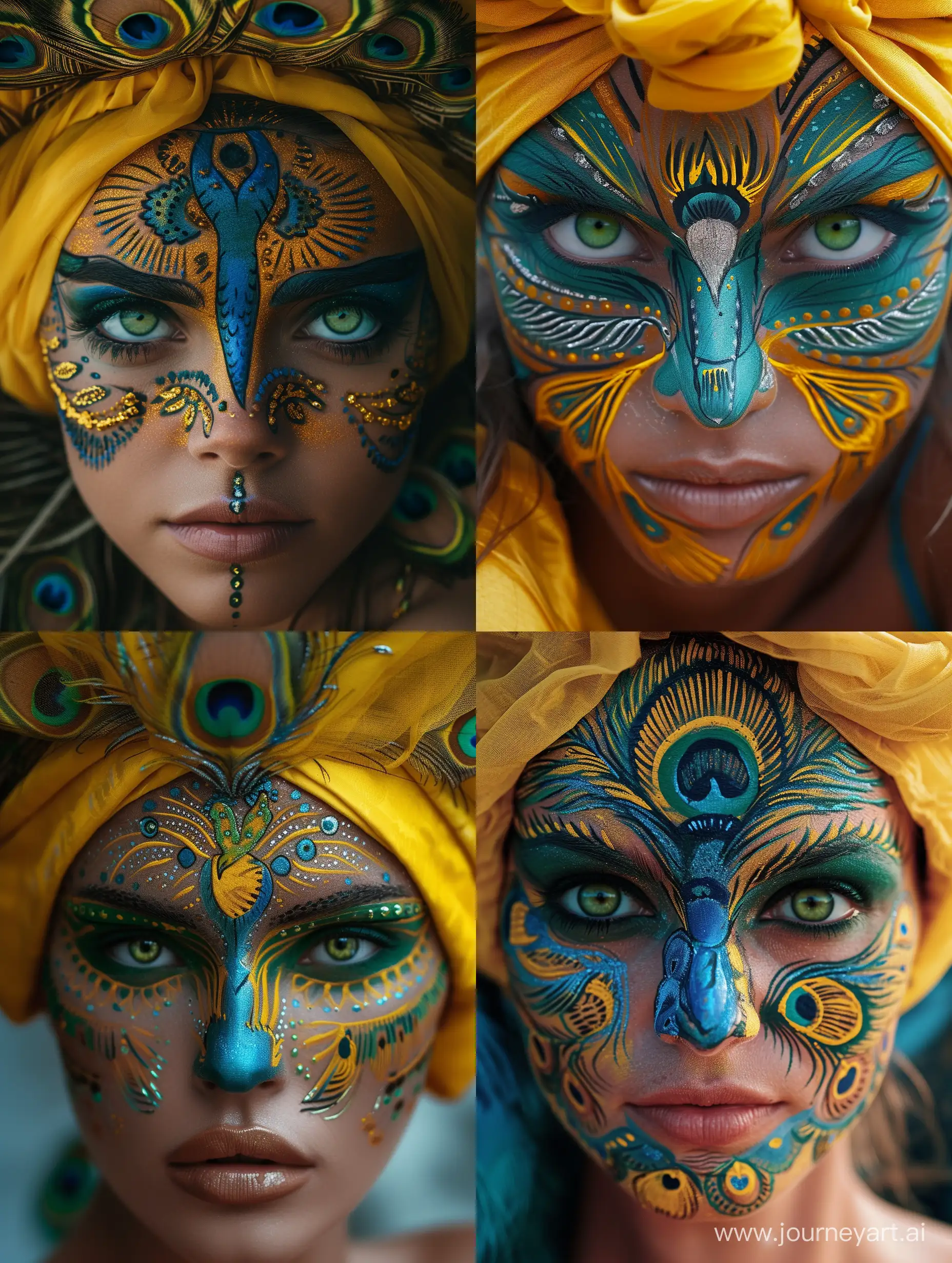 The image features a close-up of a woman's face with intricate face paint that resembles a peacock. She wears a yellow headpiece and has green eyes.
