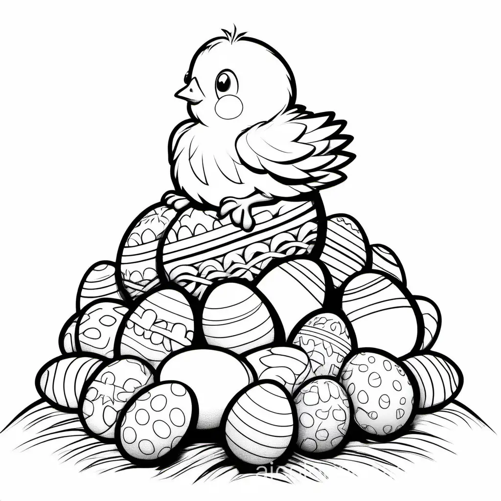 chick sitting on the top of a big pile of easter eggs, Coloring Page, black and white, line art, white background, Simplicity, Ample White Space. The background of the coloring page is plain white to make it easy for young children to color within the lines. The outlines of all the subjects are easy to distinguish, making it simple for kids to color without too much difficulty