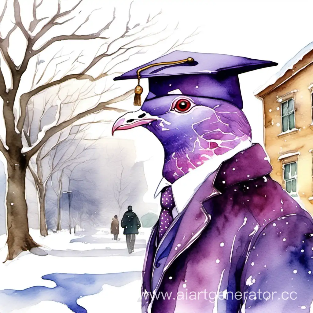 фиолетовый голубь срет профессору на голову зимой акварель