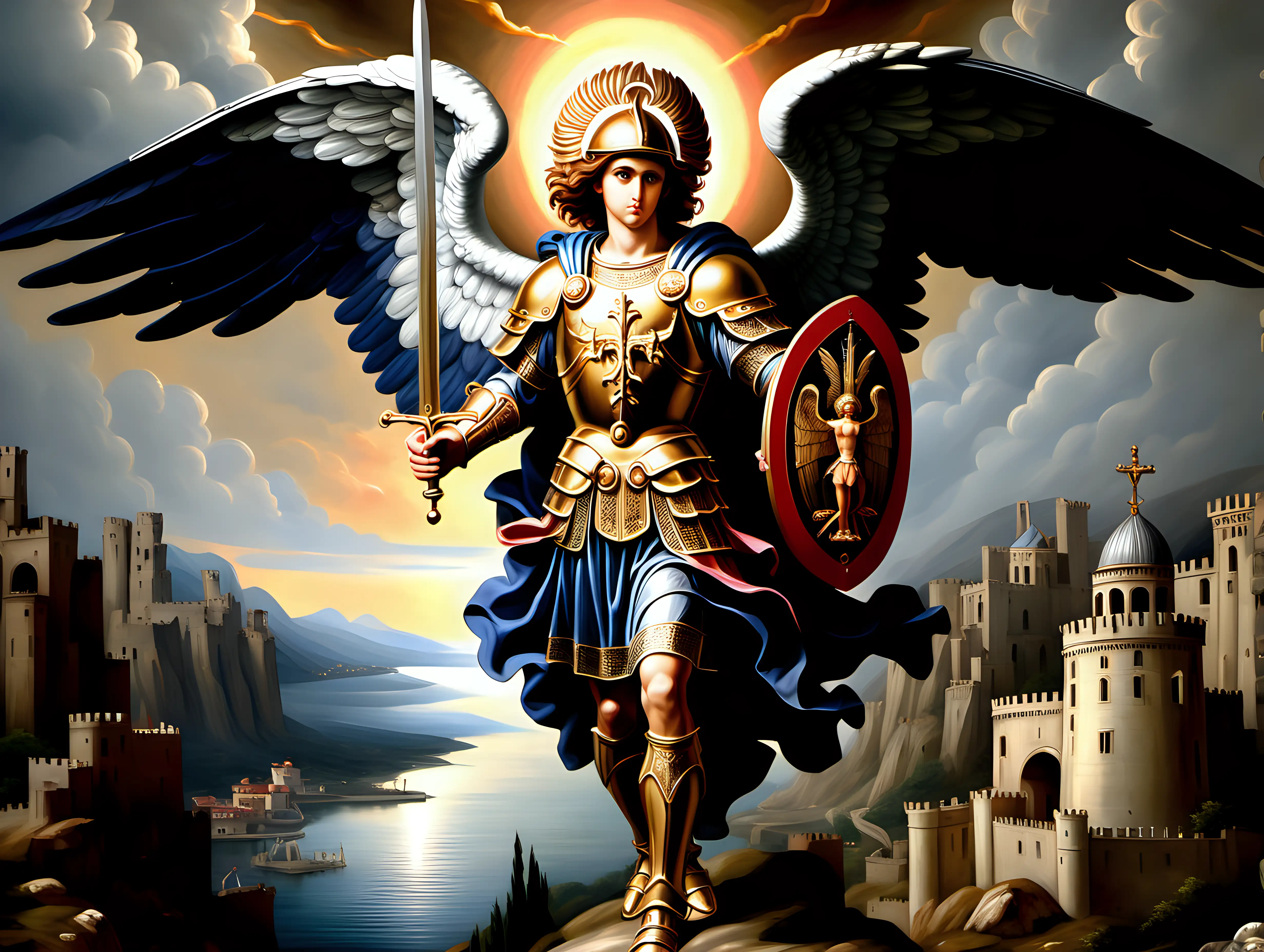 Saint michael archangel byzantine painting high quality realistic warrior protecting a castle