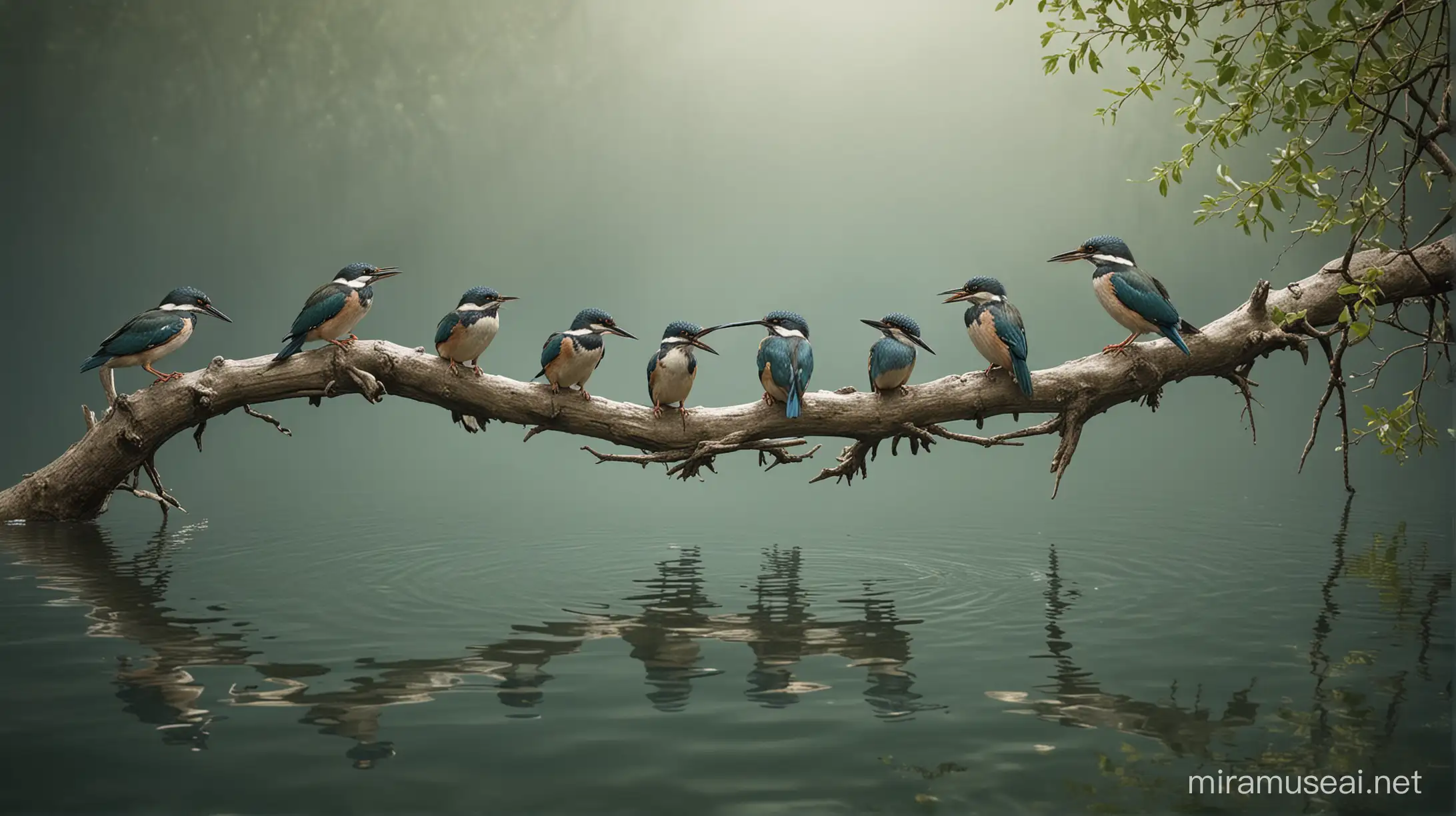 Make a realistic photo of a branche over a water with 3 kingfishers and 1 badger sitting next to each other